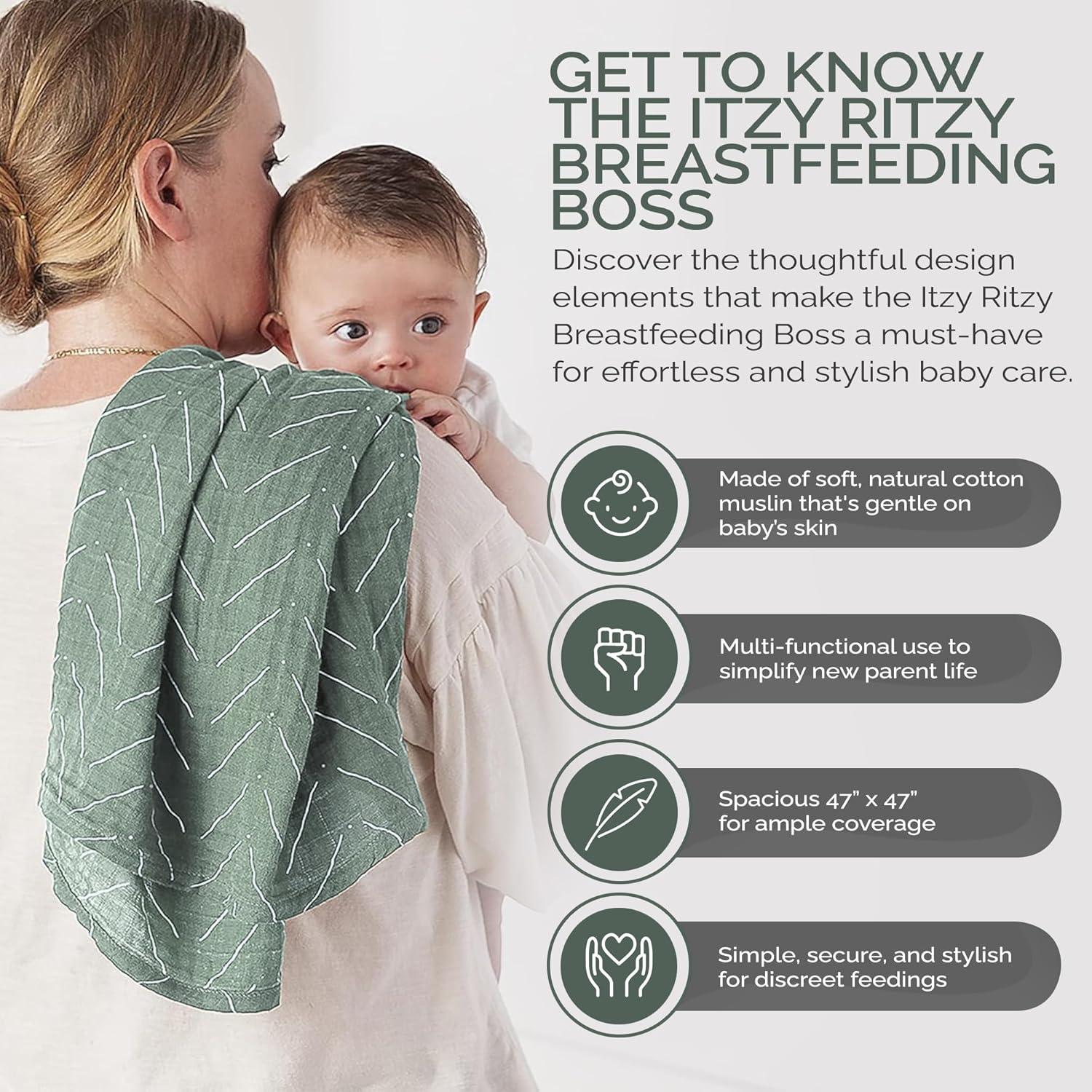 image:imageItzy Ritzy Breastfeeding Boss MultiUse Cover A Nursing Cover Swaddle Car Seat Wrap Tummy Time Mat amp Burp Cloth All in One Made of Soft Muslin Fabric amp Measures 47 x 47 Sage MudclothSage Mudcloth