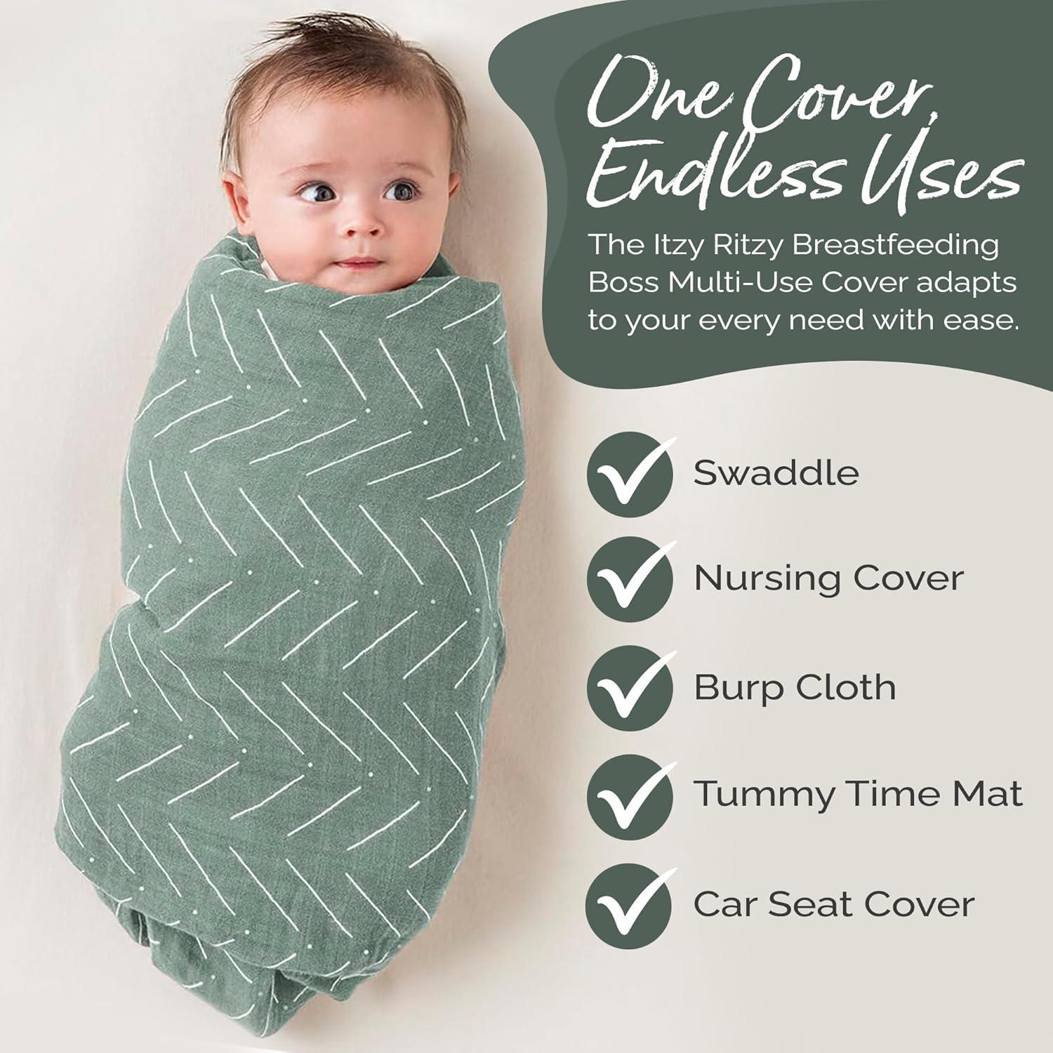 image:imageItzy Ritzy Breastfeeding Boss MultiUse Cover A Nursing Cover Swaddle Car Seat Wrap Tummy Time Mat amp Burp Cloth All in One Made of Soft Muslin Fabric amp Measures 47 x 47 Sage MudclothSage Mudcloth