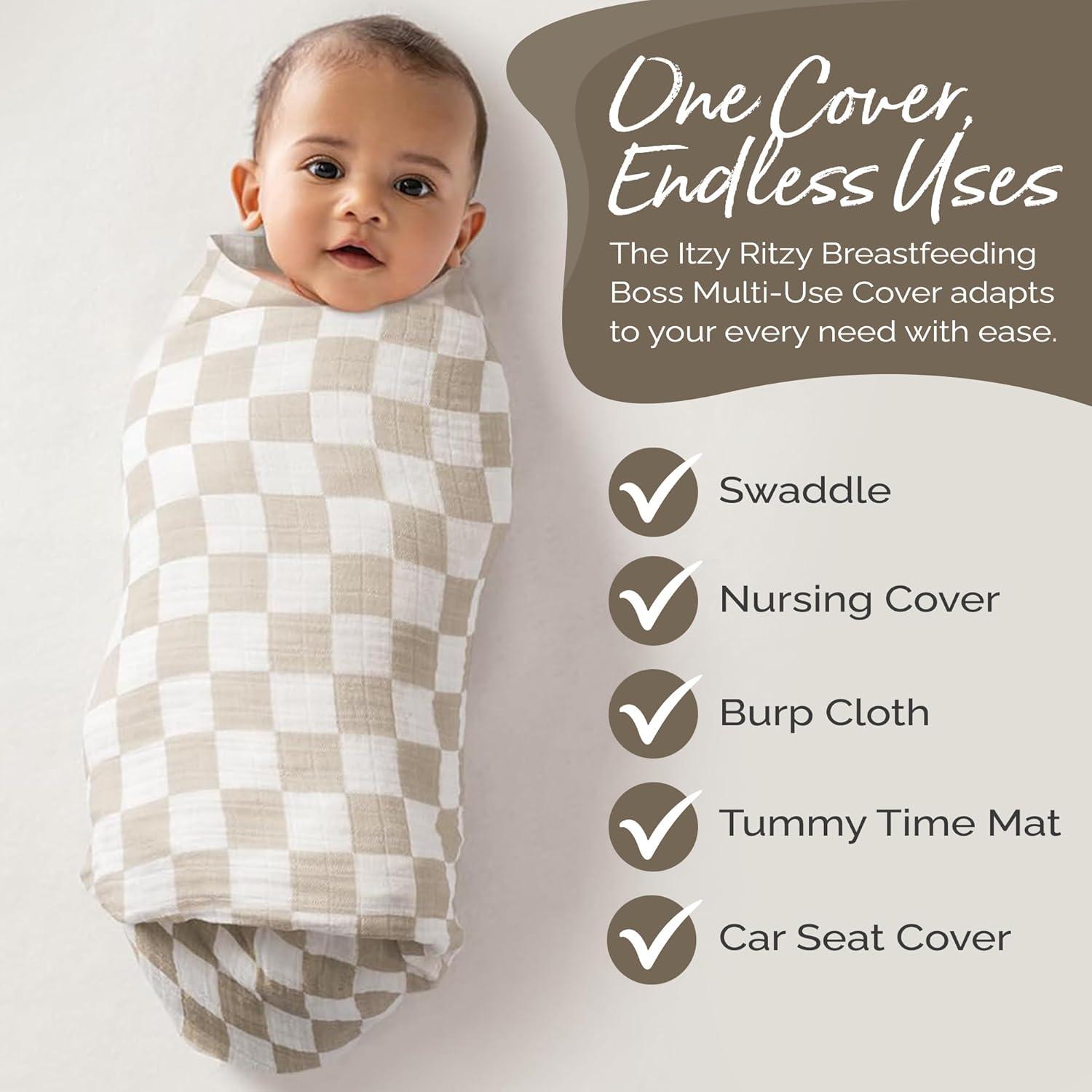 image:imageItzy Ritzy Breastfeeding Boss MultiUse Cover A Nursing Cover Swaddle Car Seat Wrap Tummy Time Mat amp Burp Cloth All in One Made of Soft Muslin Fabric amp Measures 47 x 47 Sage MudclothCheckerboard