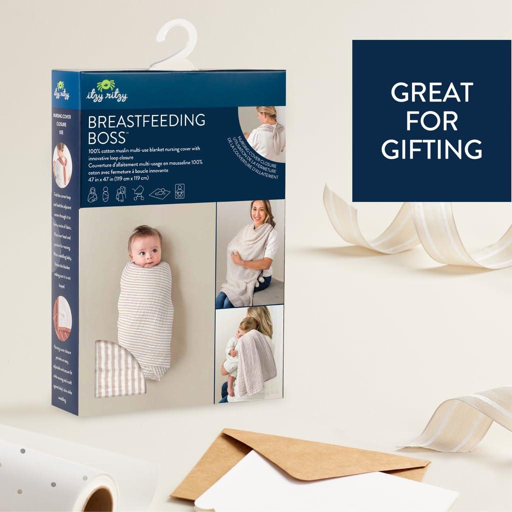 image:imageItzy Ritzy Breastfeeding Boss MultiUse Cover A Nursing Cover Swaddle Car Seat Wrap Tummy Time Mat amp Burp Cloth All in One Made of Soft Muslin Fabric amp Measures 47 x 47 Sage MudclothTaupe Stripe