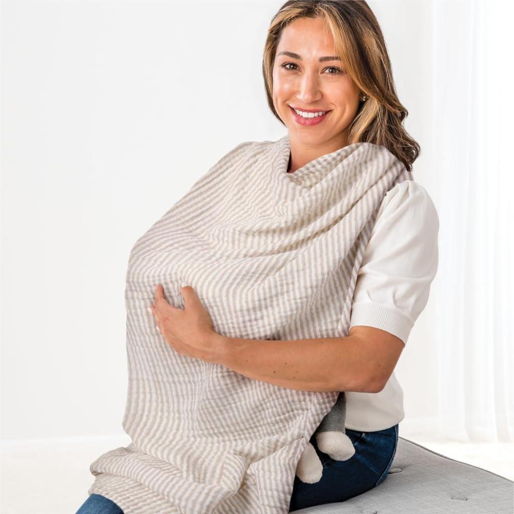 image:imageItzy Ritzy Breastfeeding Boss MultiUse Cover A Nursing Cover Swaddle Car Seat Wrap Tummy Time Mat amp Burp Cloth All in One Made of Soft Muslin Fabric amp Measures 47 x 47 Sage MudclothTaupe Stripe