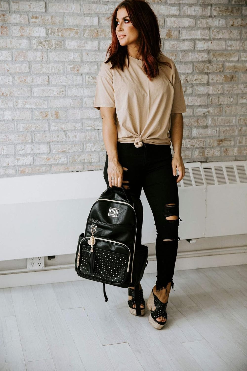 image:imageChelsea Cole For Itzy Ritzy Diaper Bag Backpack Large Capacity Boss Backpack Diaper Bag Includes Changing Pad Stroller Clips and Tassel Camo with Stag Head Print Interior and Black HardwareBlack With Gold Hardware