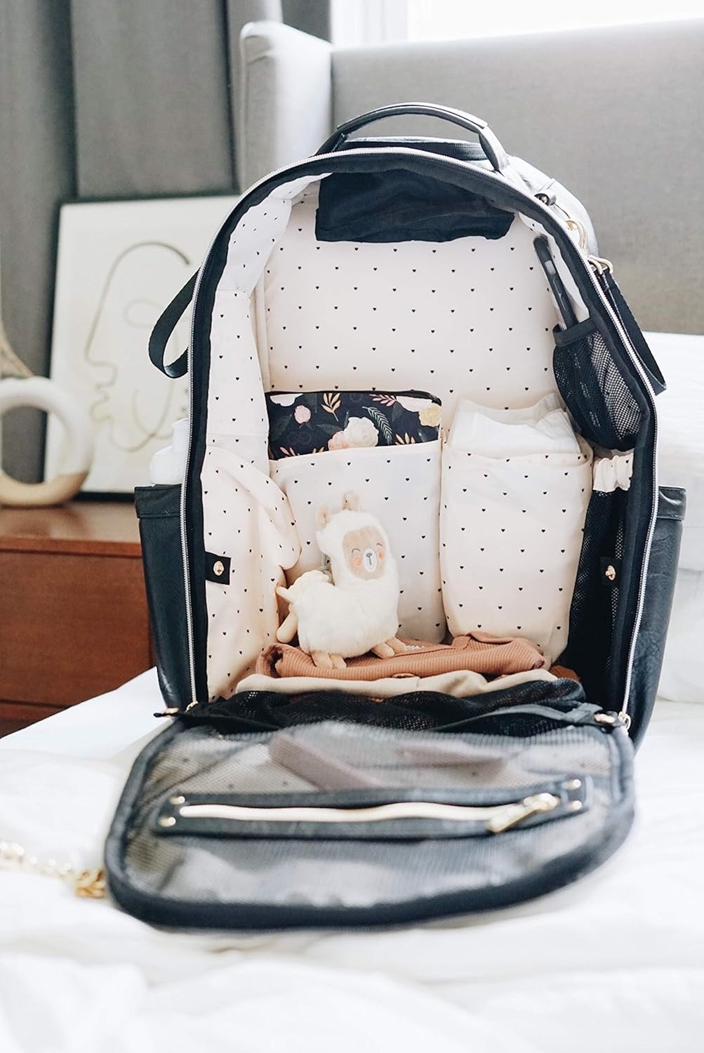 image:imageChelsea Cole For Itzy Ritzy Diaper Bag Backpack Large Capacity Boss Backpack Diaper Bag Includes Changing Pad Stroller Clips and Tassel Camo with Stag Head Print Interior and Black HardwareBlack With Gold Hardware
