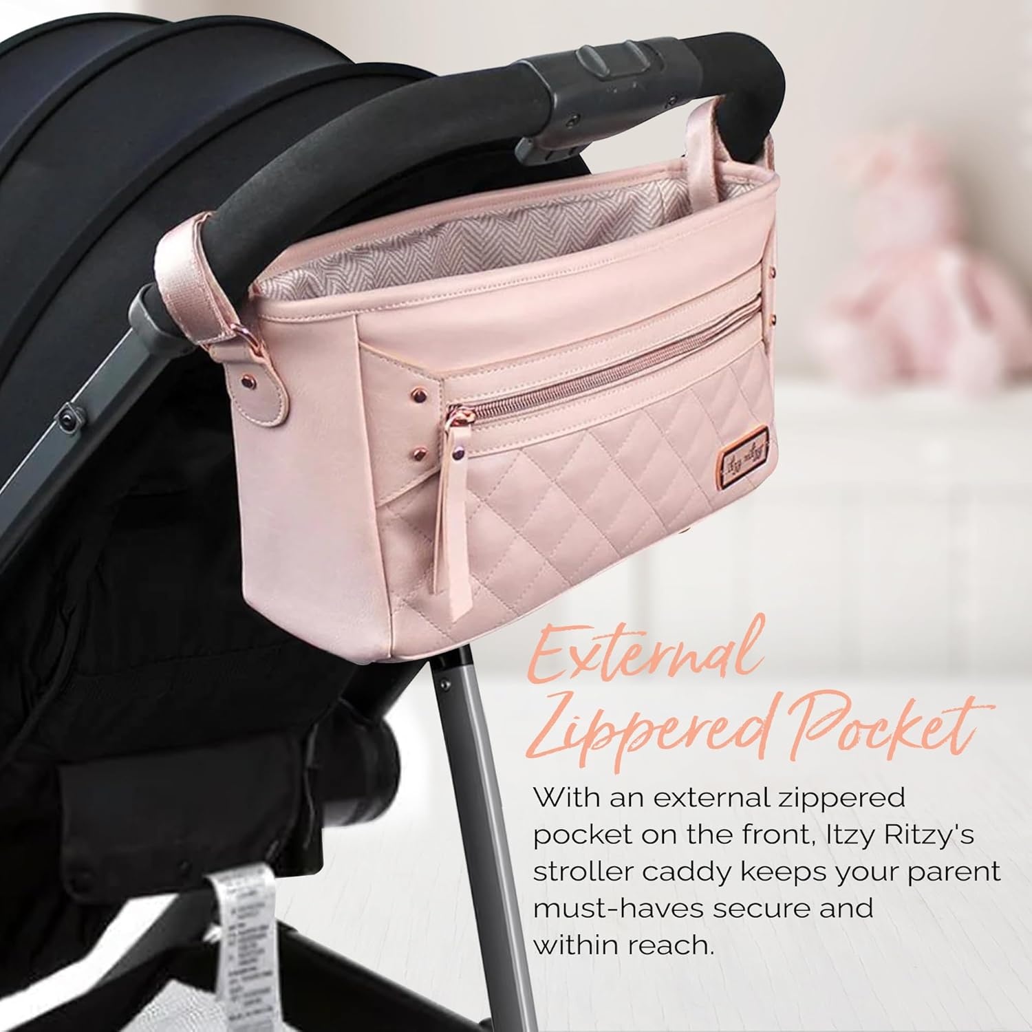 image:imageItzy Ritzy Adjustable Stroller CaddyOrganizer Stroller Organizer Bag Featuring Front Zippered Pocket 2 Builtin Interior Pockets amp Adjustable Straps to Fit Nearly Any Stroller Blush