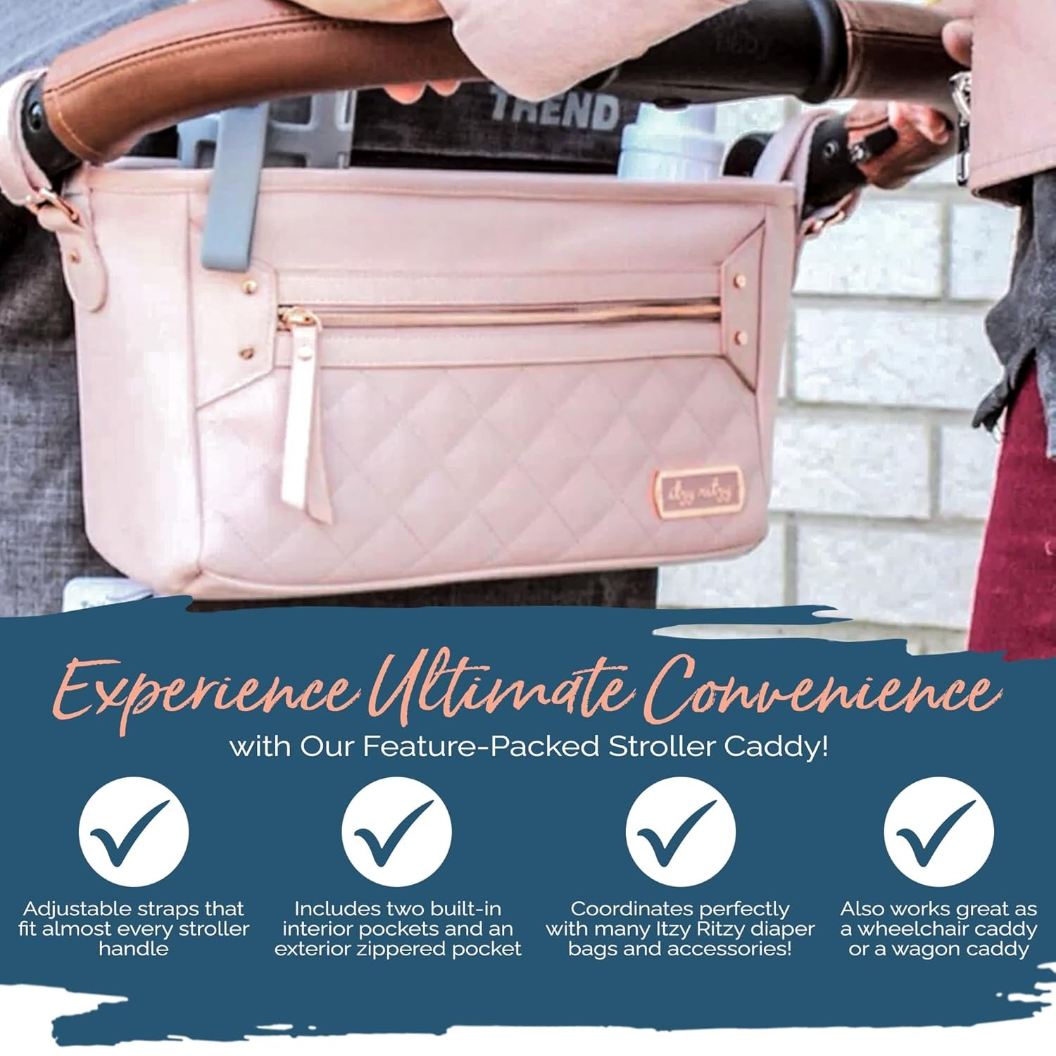 image:imageItzy Ritzy Adjustable Stroller CaddyOrganizer Stroller Organizer Bag Featuring Front Zippered Pocket 2 Builtin Interior Pockets amp Adjustable Straps to Fit Nearly Any Stroller Blush