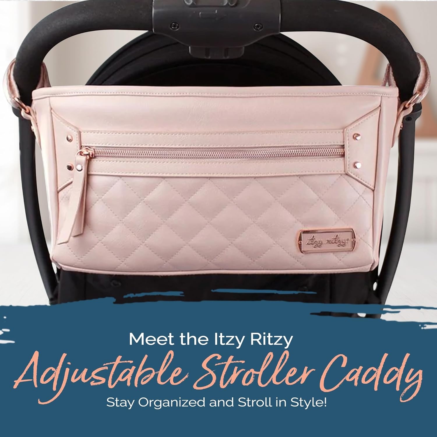 image:imageItzy Ritzy Adjustable Stroller CaddyOrganizer Stroller Organizer Bag Featuring Front Zippered Pocket 2 Builtin Interior Pockets amp Adjustable Straps to Fit Nearly Any Stroller Blush