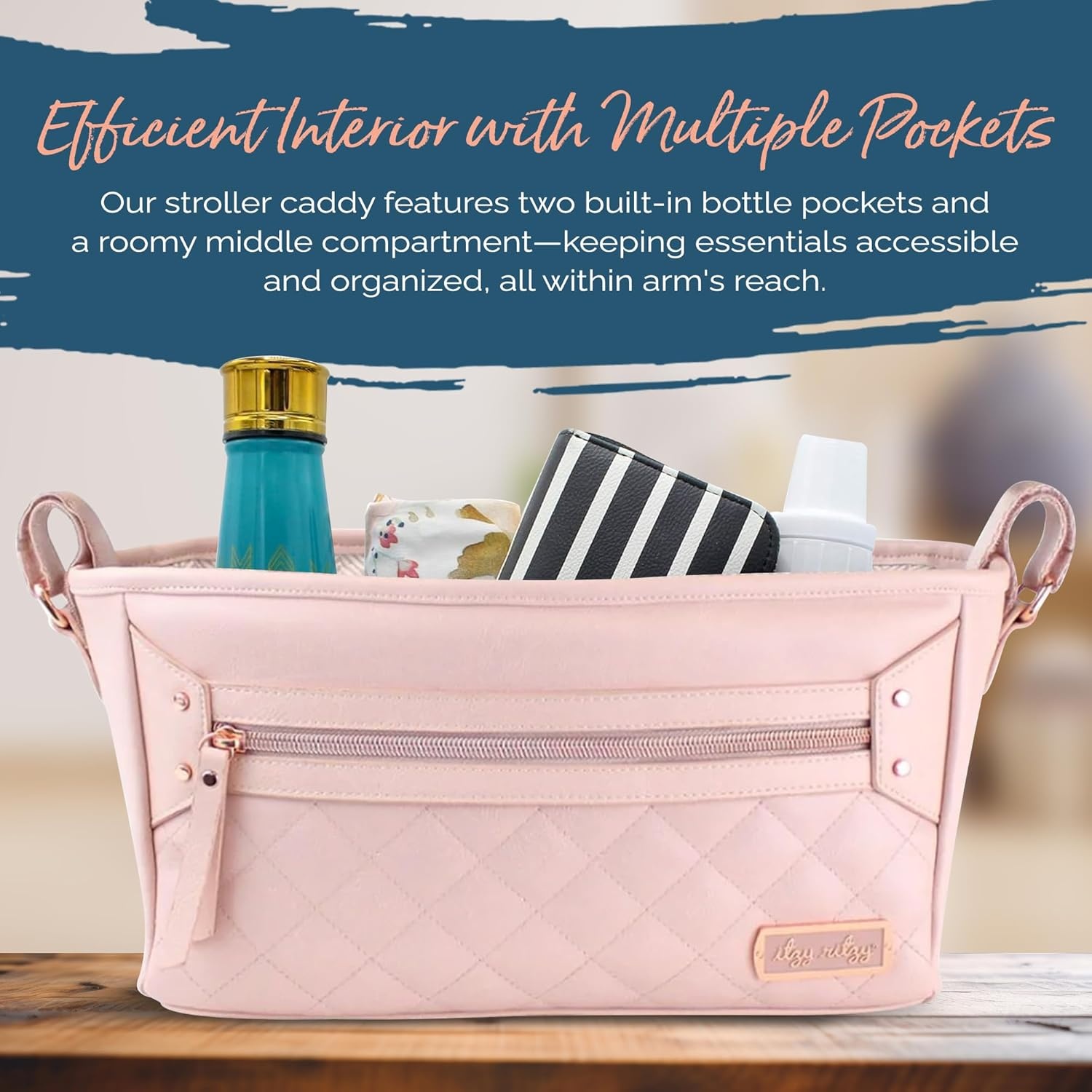 image:imageItzy Ritzy Adjustable Stroller CaddyOrganizer Stroller Organizer Bag Featuring Front Zippered Pocket 2 Builtin Interior Pockets amp Adjustable Straps to Fit Nearly Any Stroller Blush