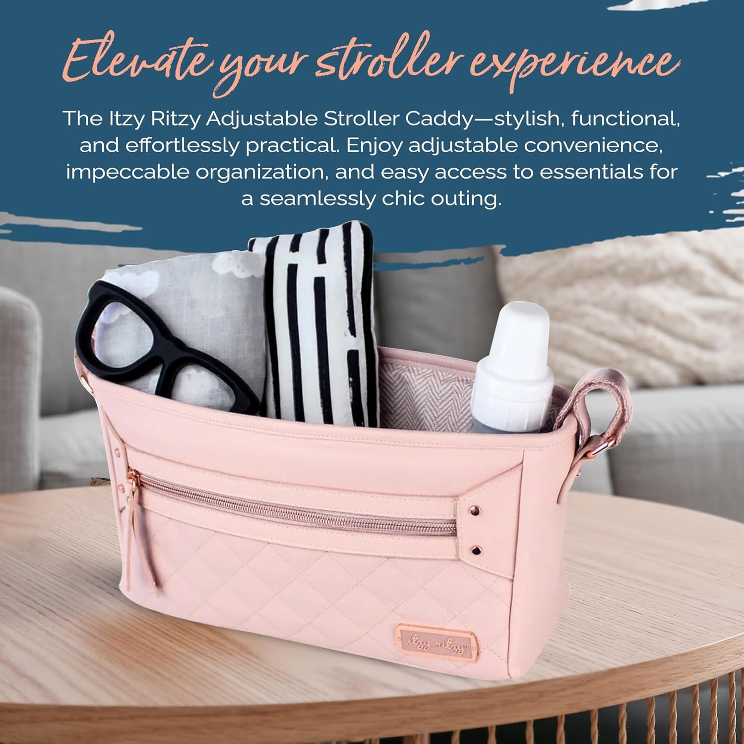 image:imageItzy Ritzy Adjustable Stroller CaddyOrganizer Stroller Organizer Bag Featuring Front Zippered Pocket 2 Builtin Interior Pockets amp Adjustable Straps to Fit Nearly Any Stroller Blush