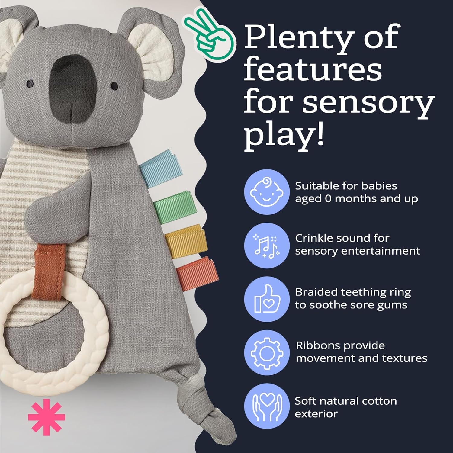 image:imageItzy Ritzy Bitzy Crinkle Sensory Toy Dinosaur with Crinkle Sound for Babies amp Toddlers Features Soft Braided Teething Ring amp Textured Ribbons Designed for Ages 0 Months and Up DinosaurKoala