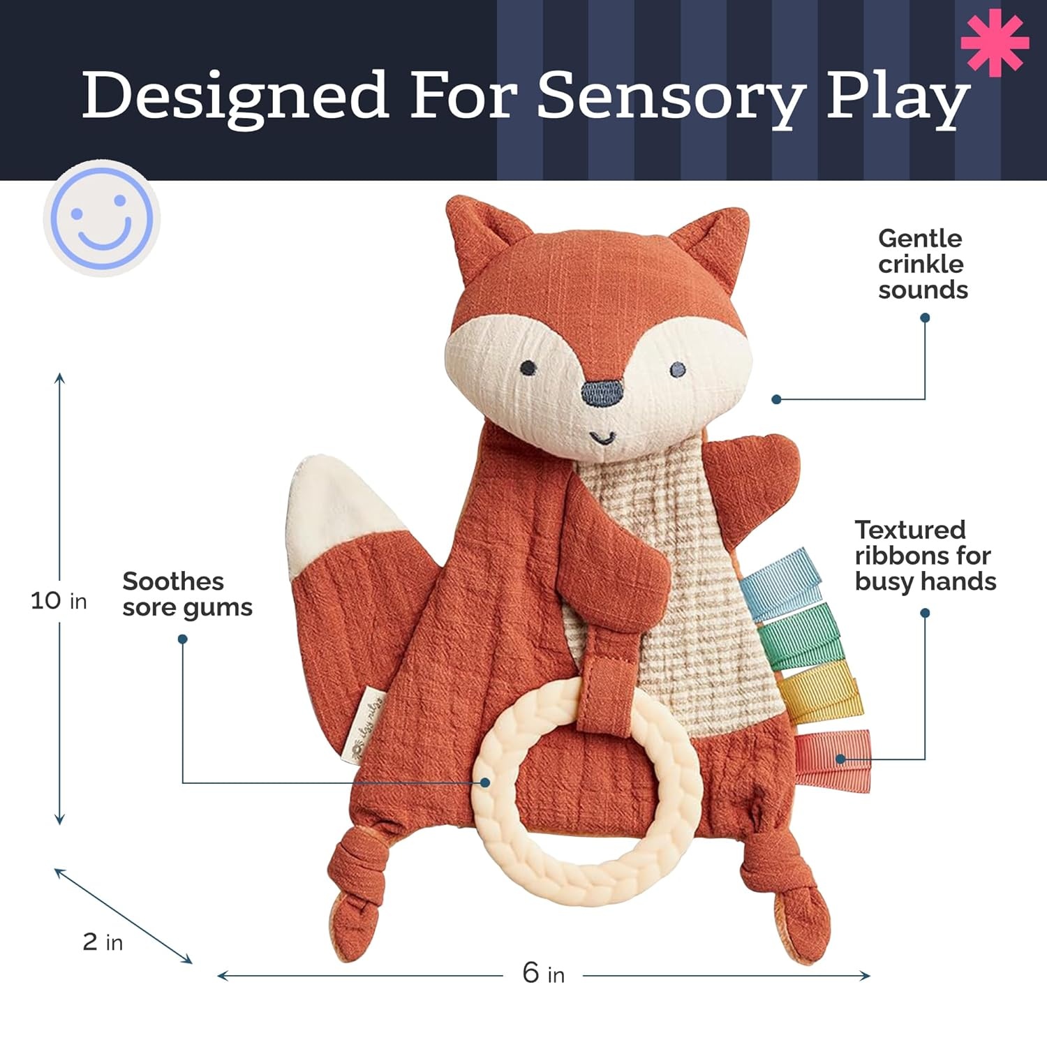image:imageItzy Ritzy Bitzy Crinkle Sensory Toy Dinosaur with Crinkle Sound for Babies amp Toddlers Features Soft Braided Teething Ring amp Textured Ribbons Designed for Ages 0 Months and Up DinosaurFox