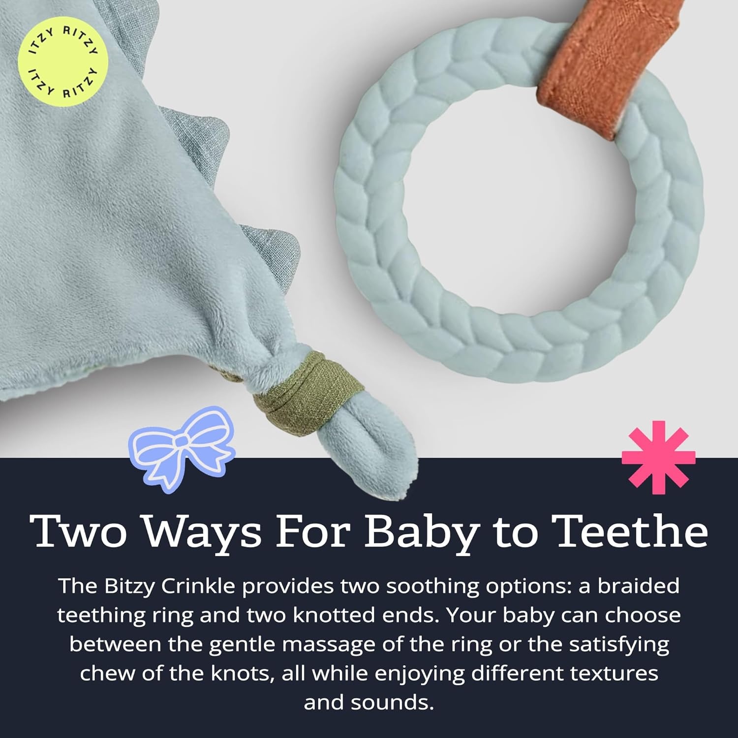 image:imageItzy Ritzy Bitzy Crinkle Sensory Toy Dinosaur with Crinkle Sound for Babies amp Toddlers Features Soft Braided Teething Ring amp Textured Ribbons Designed for Ages 0 Months and Up DinosaurDinosaur
