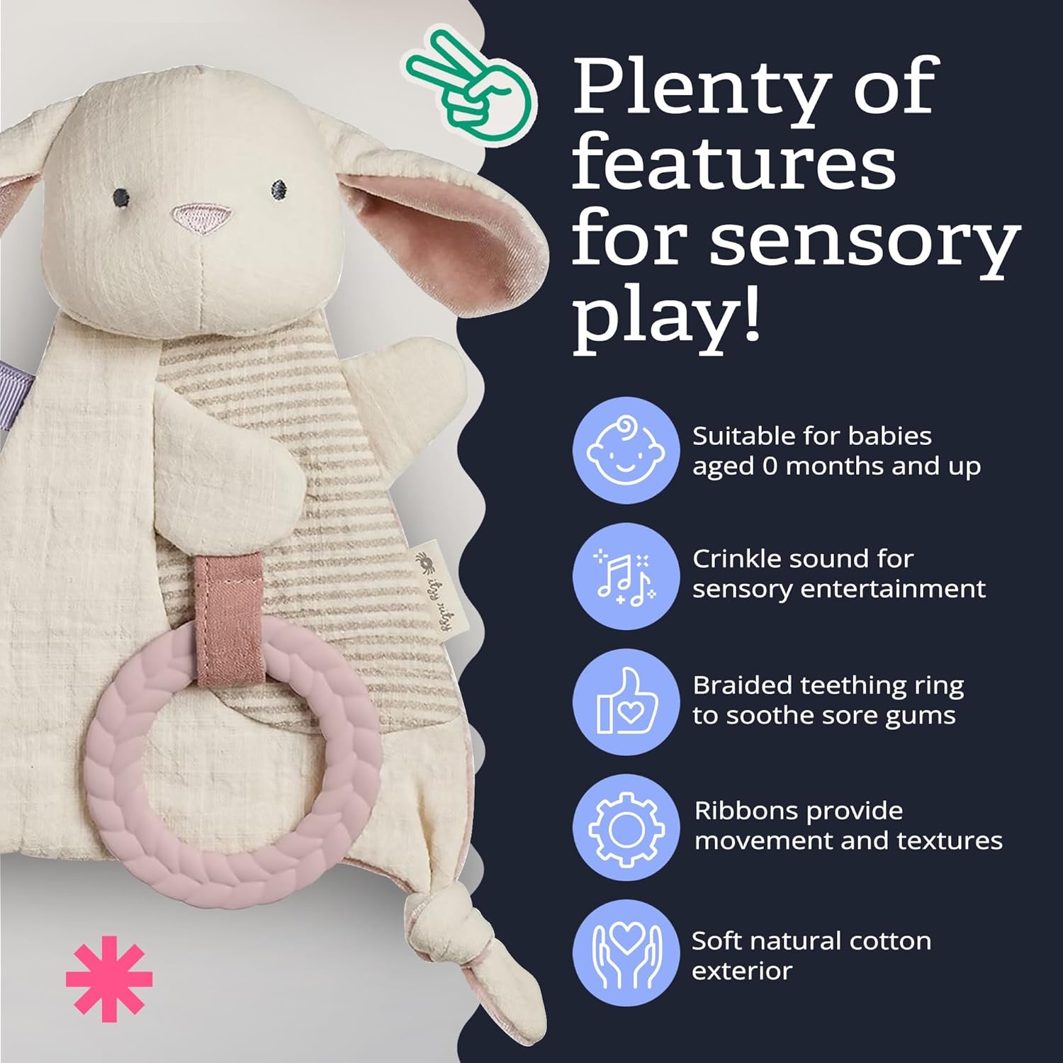 image:imageItzy Ritzy Bitzy Crinkle Sensory Toy Dinosaur with Crinkle Sound for Babies amp Toddlers Features Soft Braided Teething Ring amp Textured Ribbons Designed for Ages 0 Months and Up DinosaurBunny