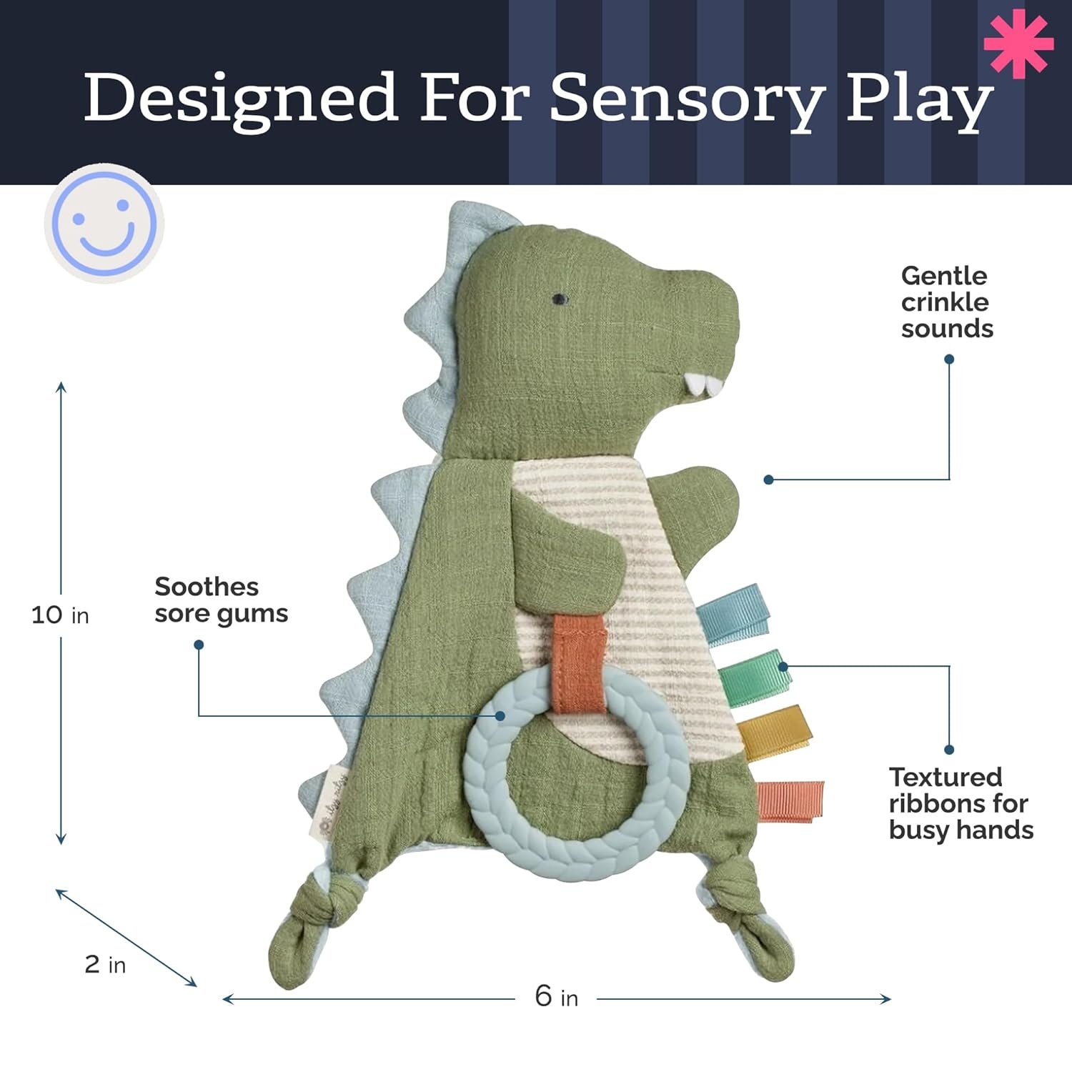 image:imageItzy Ritzy Bitzy Crinkle Sensory Toy Dinosaur with Crinkle Sound for Babies amp Toddlers Features Soft Braided Teething Ring amp Textured Ribbons Designed for Ages 0 Months and Up DinosaurDinosaur