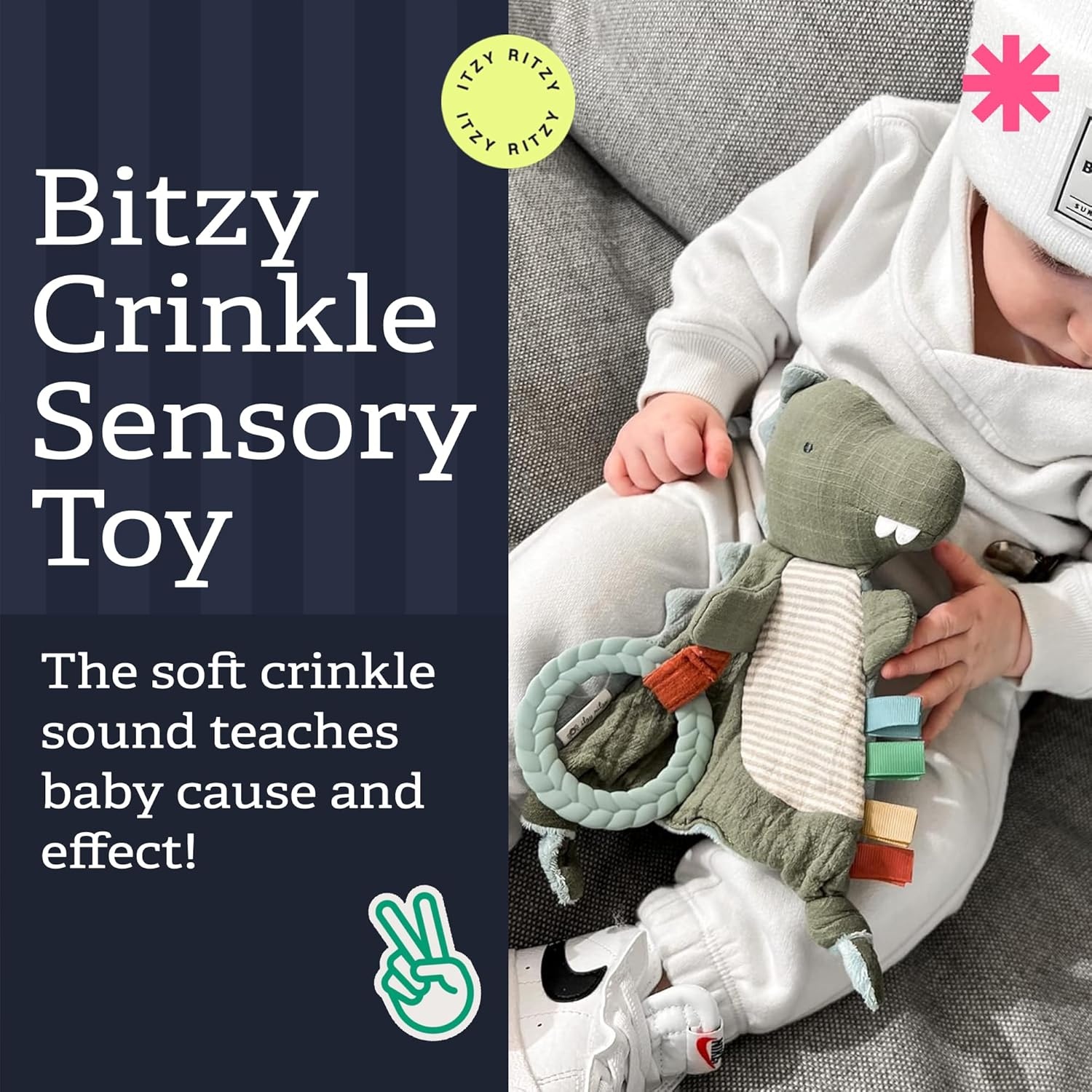 image:imageItzy Ritzy Bitzy Crinkle Sensory Toy Dinosaur with Crinkle Sound for Babies amp Toddlers Features Soft Braided Teething Ring amp Textured Ribbons Designed for Ages 0 Months and Up DinosaurDinosaur