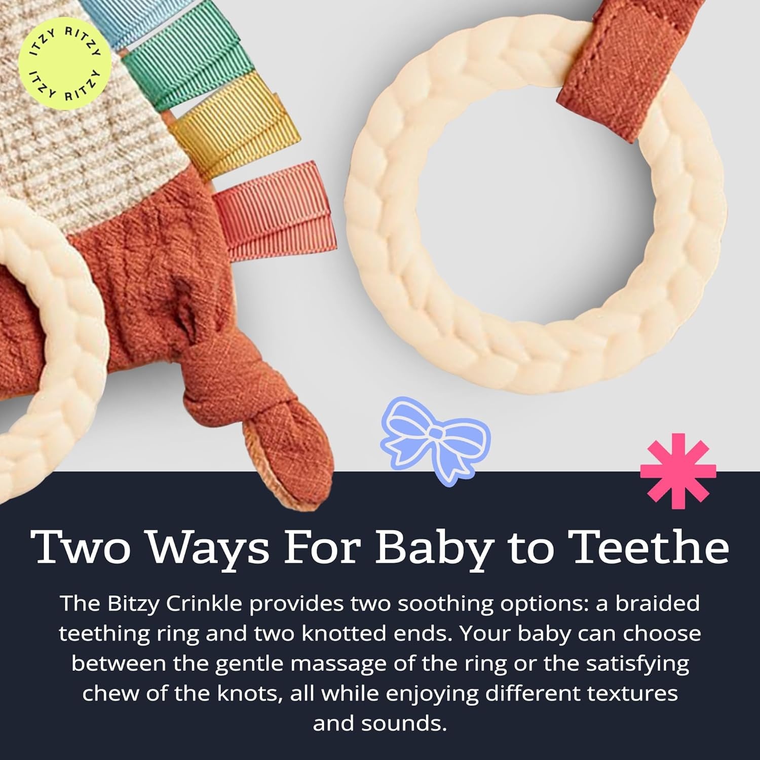 image:imageItzy Ritzy Bitzy Crinkle Sensory Toy Dinosaur with Crinkle Sound for Babies amp Toddlers Features Soft Braided Teething Ring amp Textured Ribbons Designed for Ages 0 Months and Up DinosaurFox