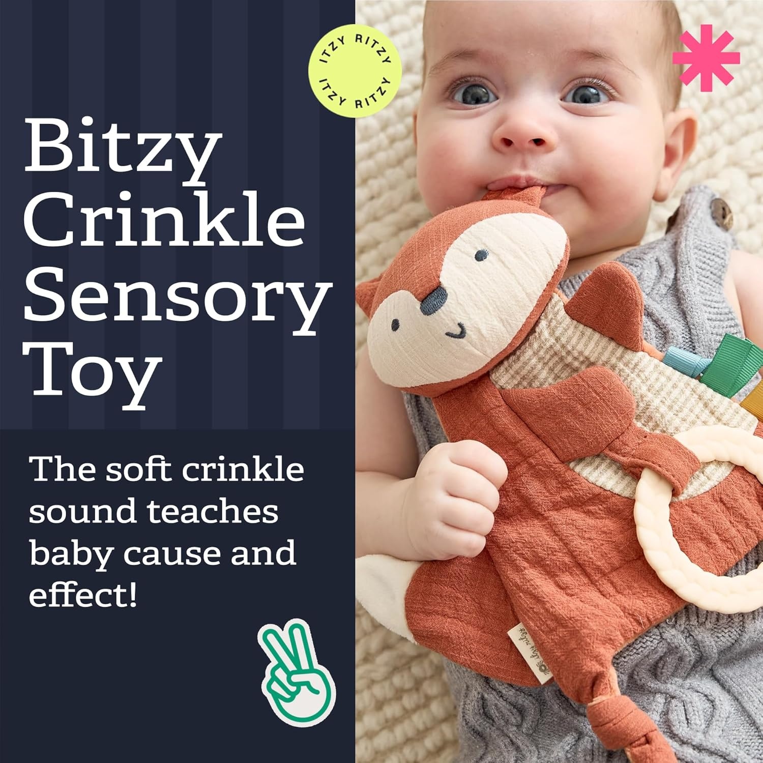 image:imageItzy Ritzy Bitzy Crinkle Sensory Toy Dinosaur with Crinkle Sound for Babies amp Toddlers Features Soft Braided Teething Ring amp Textured Ribbons Designed for Ages 0 Months and Up DinosaurFox