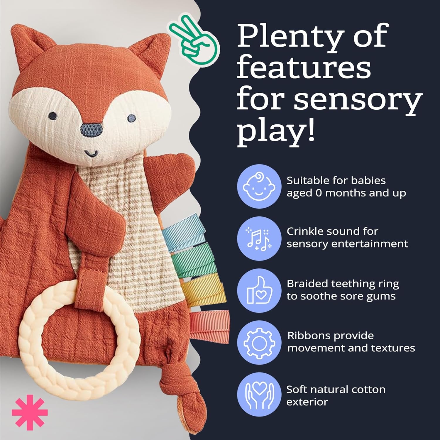image:imageItzy Ritzy Bitzy Crinkle Sensory Toy Dinosaur with Crinkle Sound for Babies amp Toddlers Features Soft Braided Teething Ring amp Textured Ribbons Designed for Ages 0 Months and Up DinosaurFox