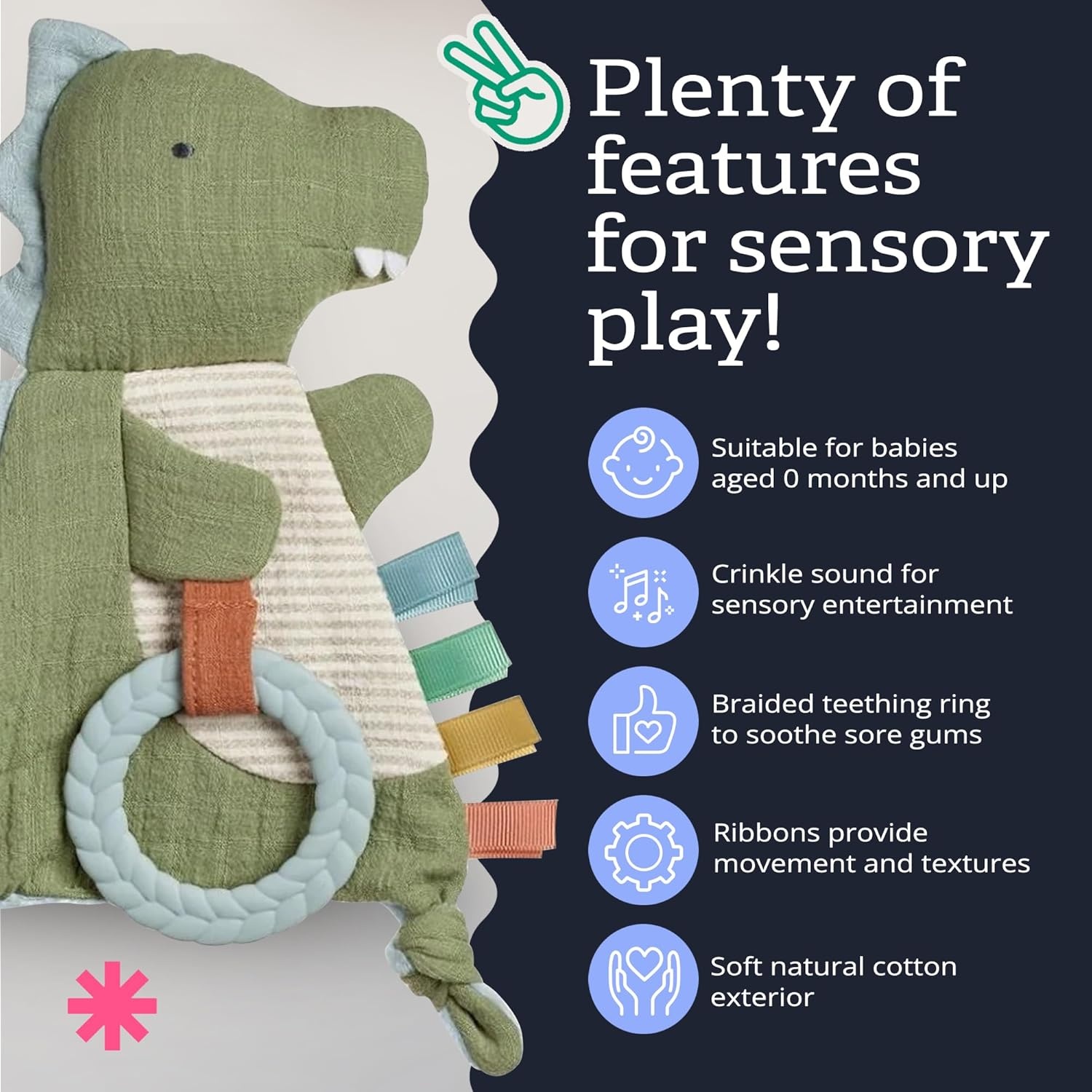 image:imageItzy Ritzy Bitzy Crinkle Sensory Toy Dinosaur with Crinkle Sound for Babies amp Toddlers Features Soft Braided Teething Ring amp Textured Ribbons Designed for Ages 0 Months and Up DinosaurDinosaur