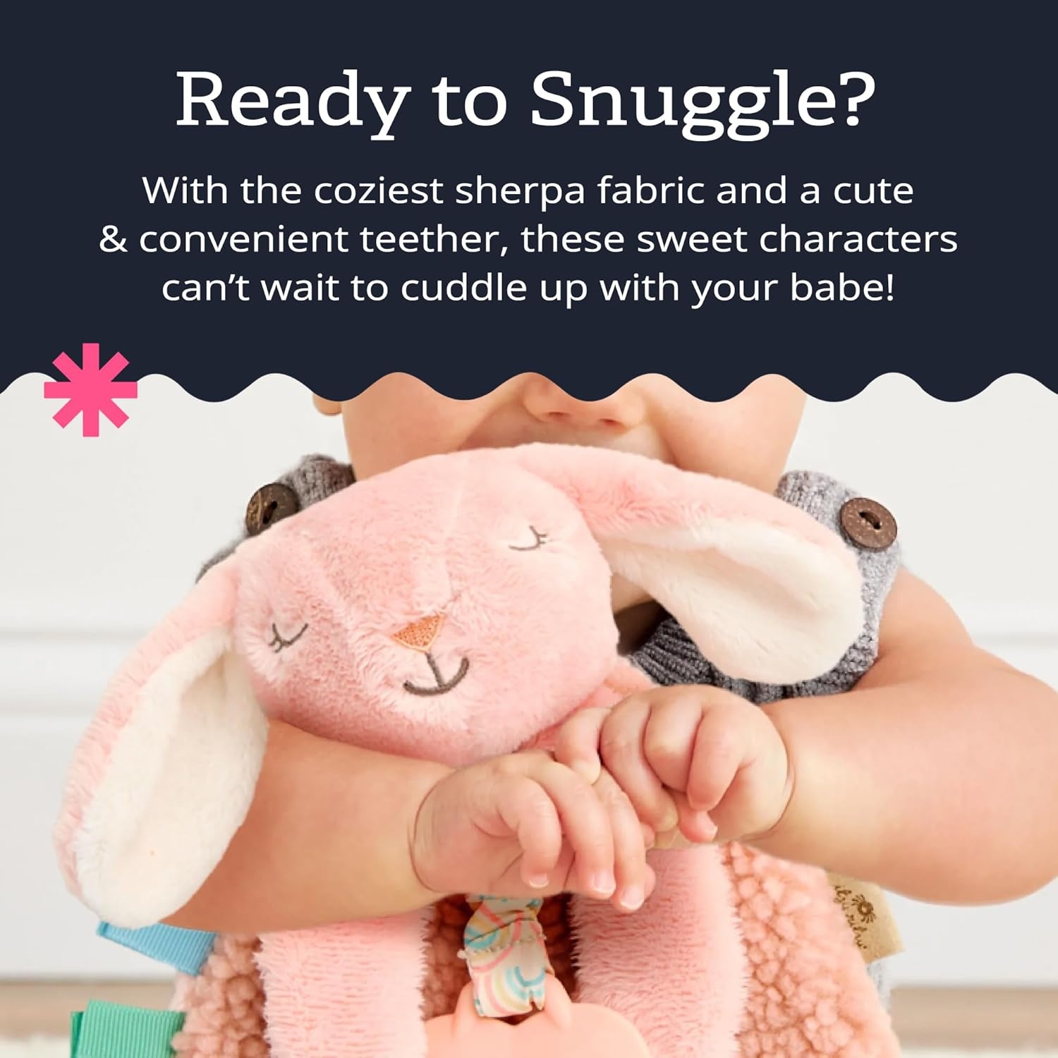 image:imageItzy Ritzy Itzy Lovey Including Teether Baby Lovey with Teether Textured Ribbons amp Dangle Arms Features Crinkle Sound Sherpa Fabric and Minky Plush BearPink Bunny