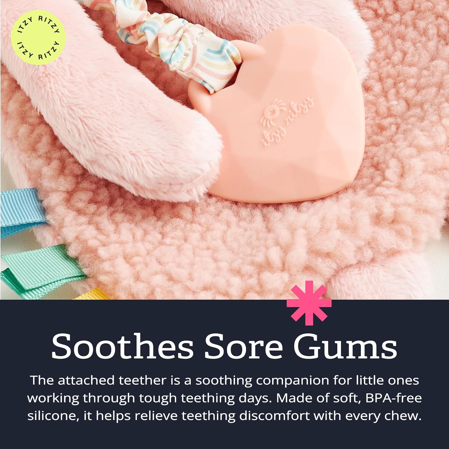 image:imageItzy Ritzy Itzy Lovey Including Teether Baby Lovey with Teether Textured Ribbons amp Dangle Arms Features Crinkle Sound Sherpa Fabric and Minky Plush BearPink Bunny