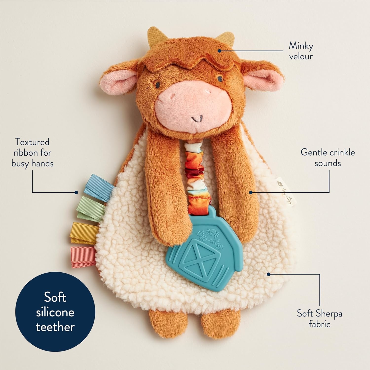 image:imageItzy Ritzy Itzy Lovey Including Teether Baby Lovey with Teether Textured Ribbons amp Dangle Arms Features Crinkle Sound Sherpa Fabric and Minky Plush BearHighland Cow