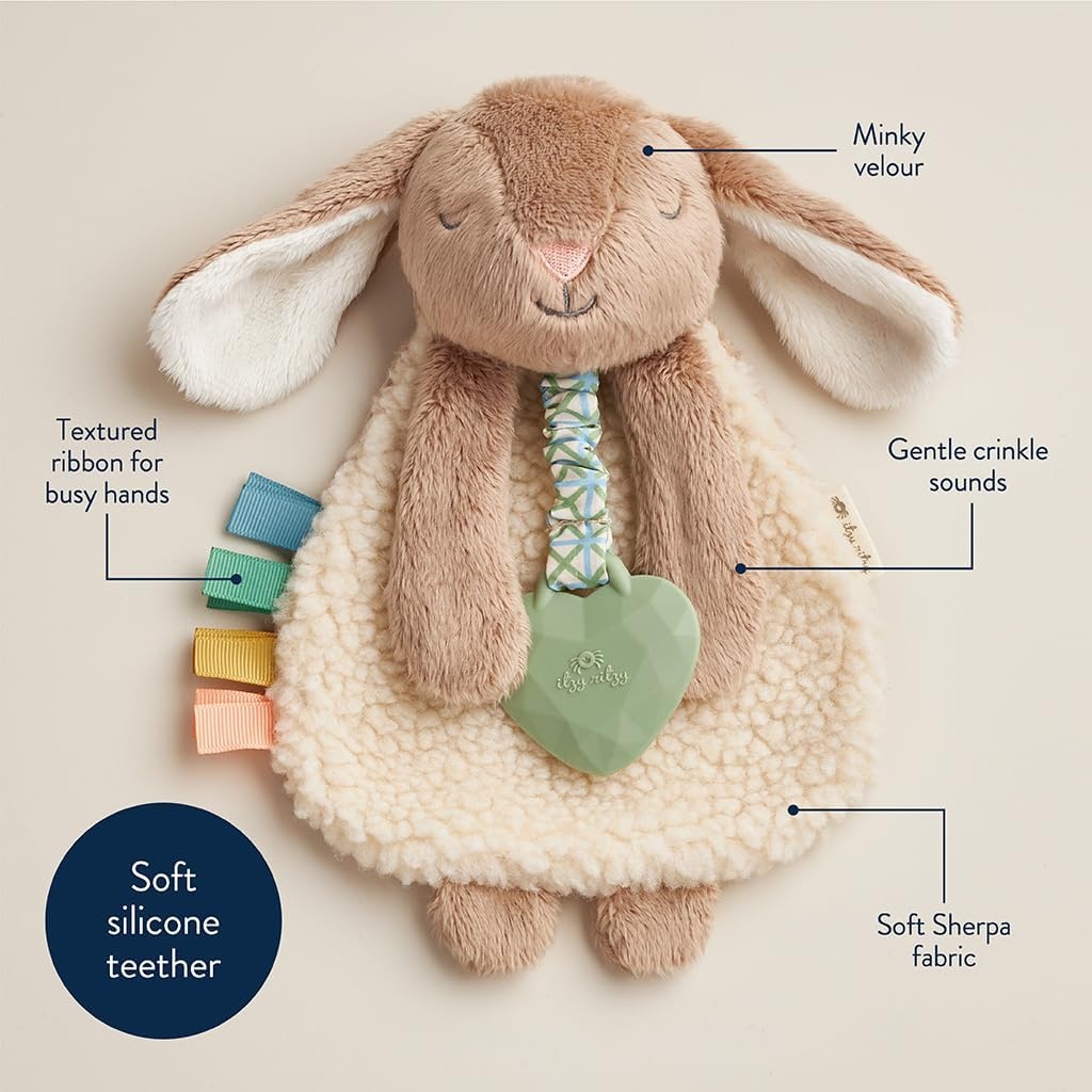 image:imageItzy Ritzy Itzy Lovey Including Teether Baby Lovey with Teether Textured Ribbons amp Dangle Arms Features Crinkle Sound Sherpa Fabric and Minky Plush BearTaupe Bunny