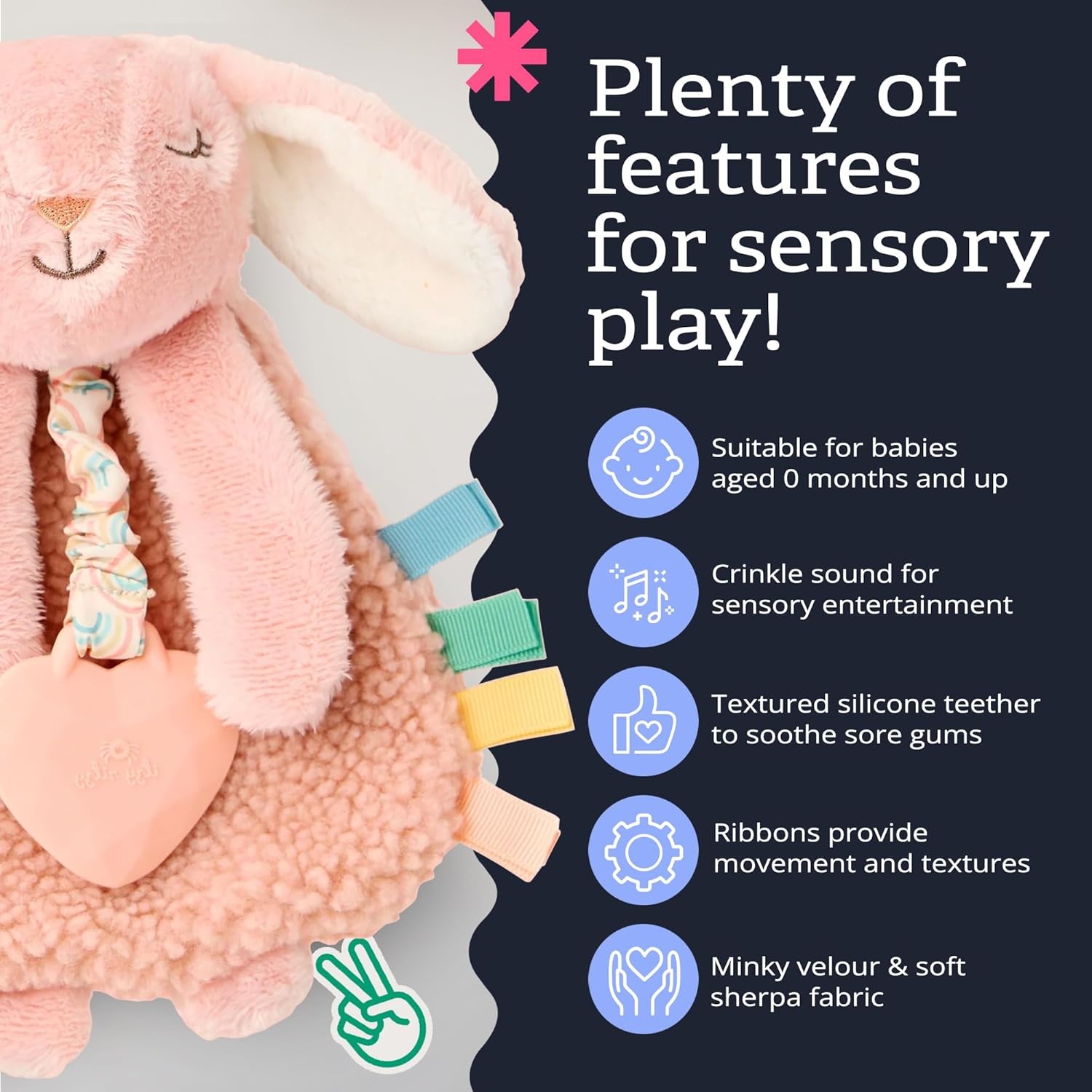 image:imageItzy Ritzy Itzy Lovey Including Teether Baby Lovey with Teether Textured Ribbons amp Dangle Arms Features Crinkle Sound Sherpa Fabric and Minky Plush BearPink Bunny