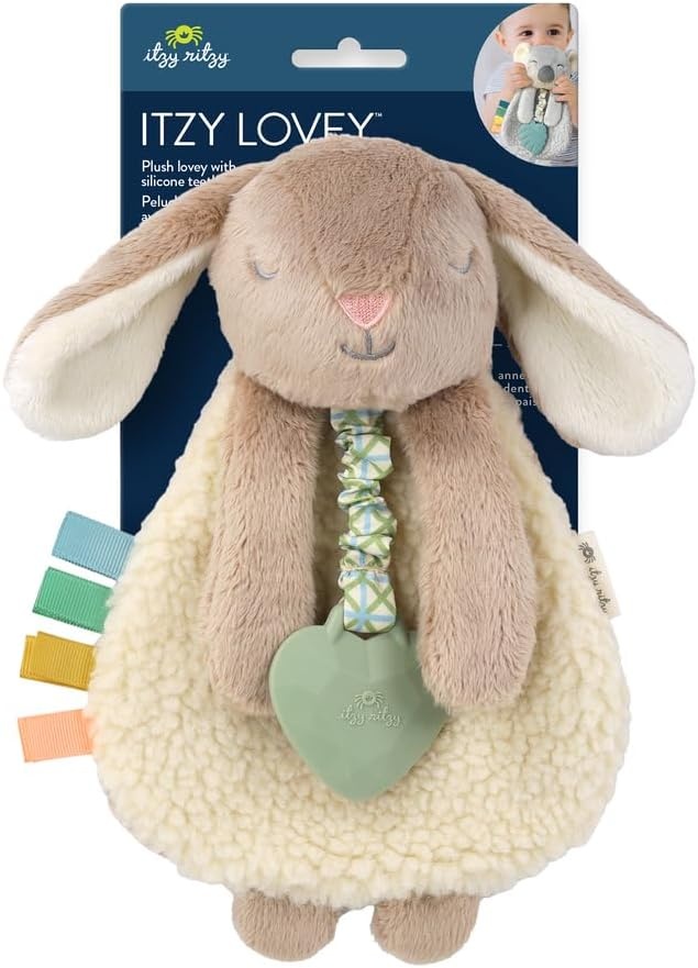 image:imageItzy Ritzy Itzy Lovey Including Teether Baby Lovey with Teether Textured Ribbons amp Dangle Arms Features Crinkle Sound Sherpa Fabric and Minky Plush BearTaupe Bunny
