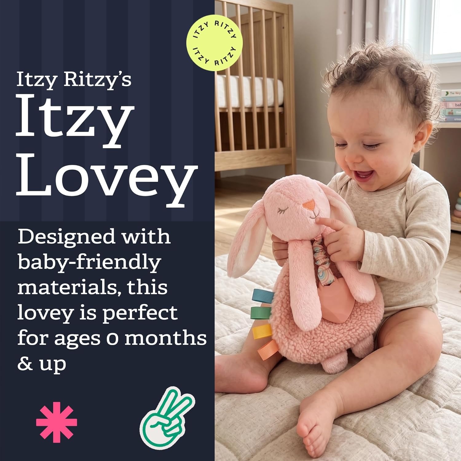 image:imageItzy Ritzy Itzy Lovey Including Teether Baby Lovey with Teether Textured Ribbons amp Dangle Arms Features Crinkle Sound Sherpa Fabric and Minky Plush BearPink Bunny