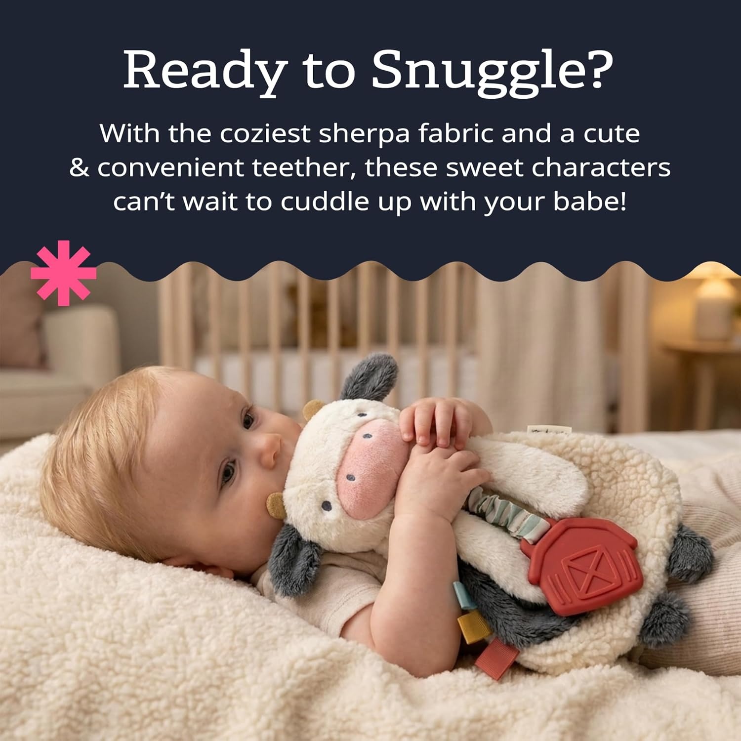 image:imageItzy Ritzy Itzy Lovey Including Teether Baby Lovey with Teether Textured Ribbons amp Dangle Arms Features Crinkle Sound Sherpa Fabric and Minky Plush BearCow