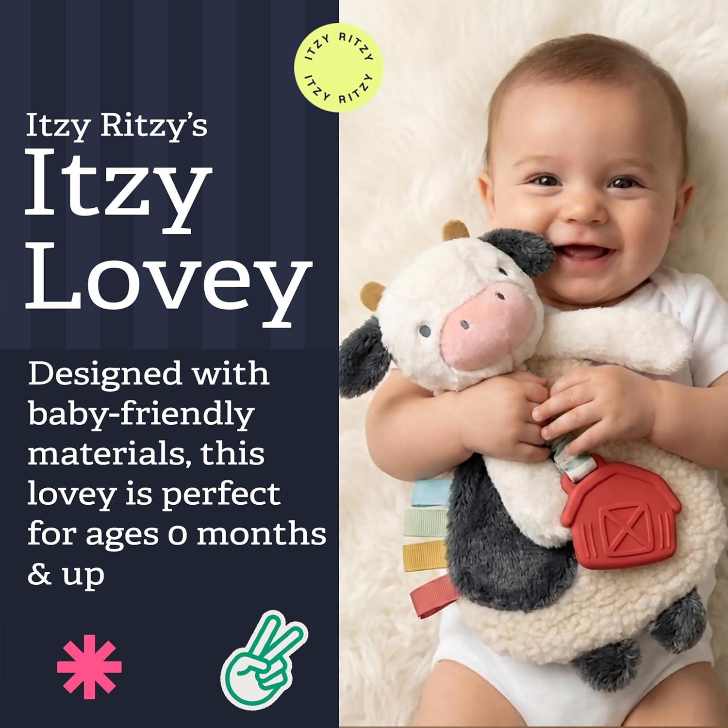 image:imageItzy Ritzy Itzy Lovey Including Teether Baby Lovey with Teether Textured Ribbons amp Dangle Arms Features Crinkle Sound Sherpa Fabric and Minky Plush BearCow