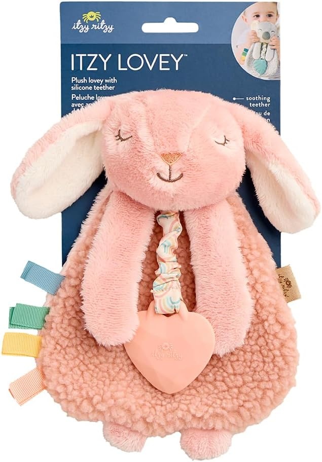 image:imageItzy Ritzy Itzy Lovey Including Teether Baby Lovey with Teether Textured Ribbons amp Dangle Arms Features Crinkle Sound Sherpa Fabric and Minky Plush BearPink Bunny