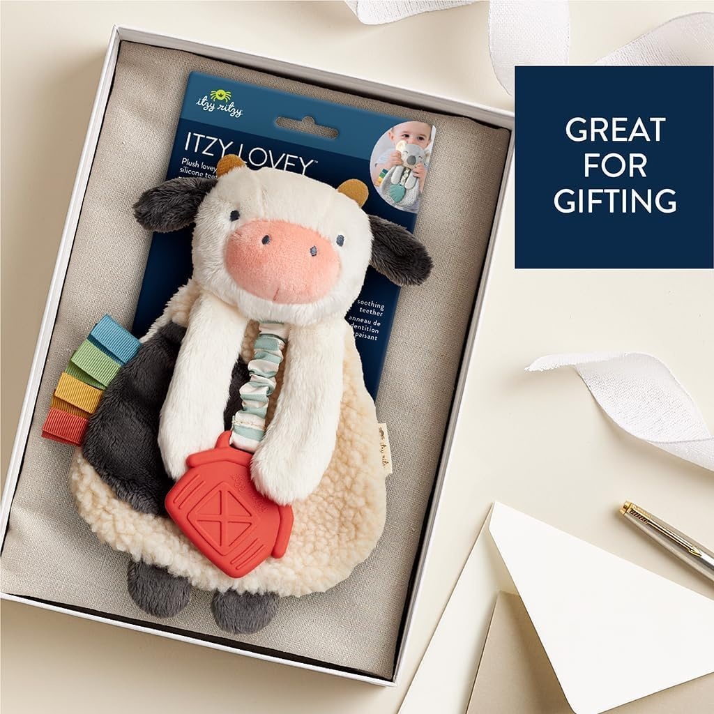 image:imageItzy Ritzy Itzy Lovey Including Teether Baby Lovey with Teether Textured Ribbons amp Dangle Arms Features Crinkle Sound Sherpa Fabric and Minky Plush BearCow