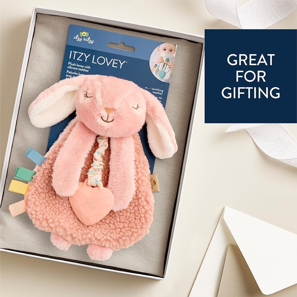 image:imageItzy Ritzy Itzy Lovey Including Teether Baby Lovey with Teether Textured Ribbons amp Dangle Arms Features Crinkle Sound Sherpa Fabric and Minky Plush BearPink Bunny
