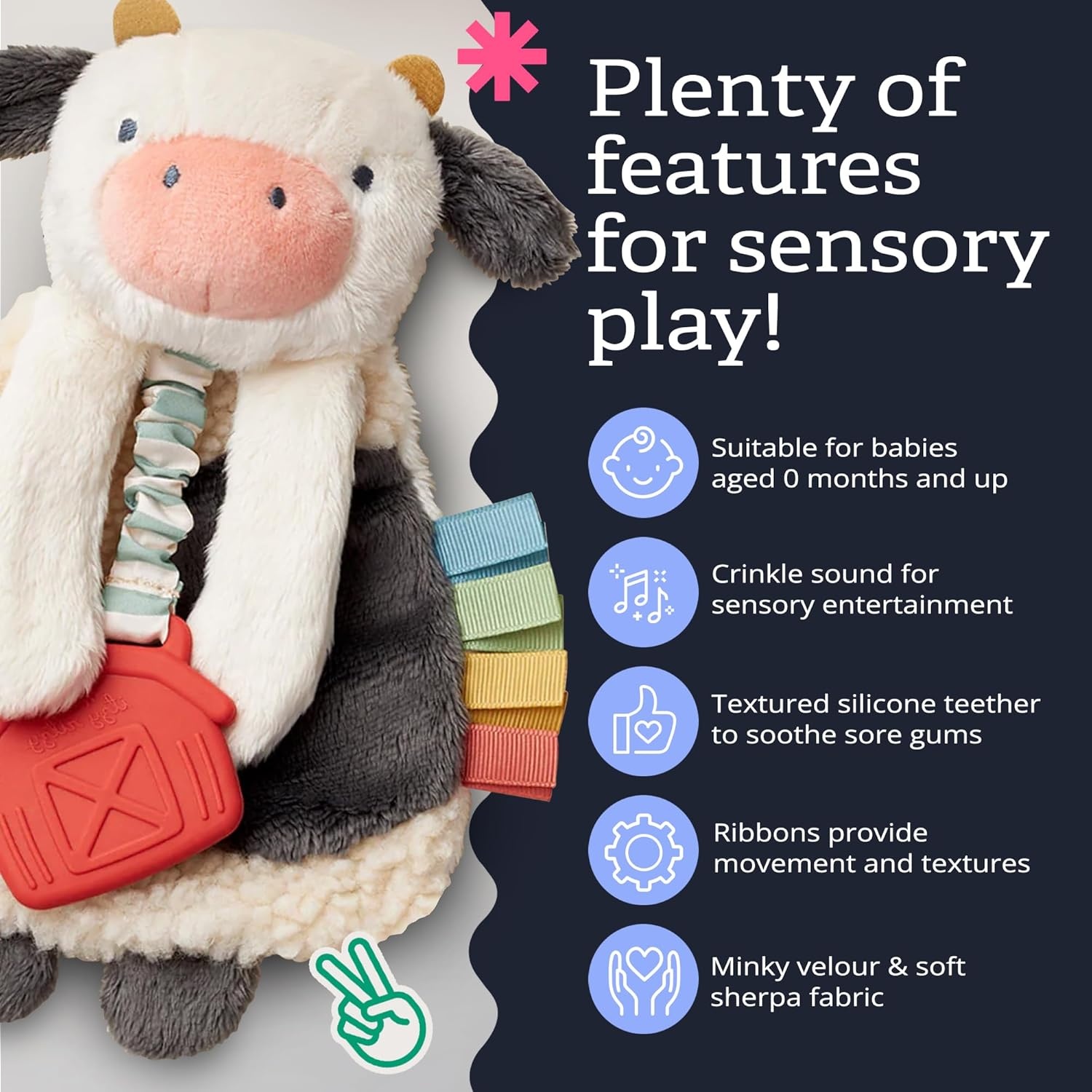 image:imageItzy Ritzy Itzy Lovey Including Teether Baby Lovey with Teether Textured Ribbons amp Dangle Arms Features Crinkle Sound Sherpa Fabric and Minky Plush BearCow