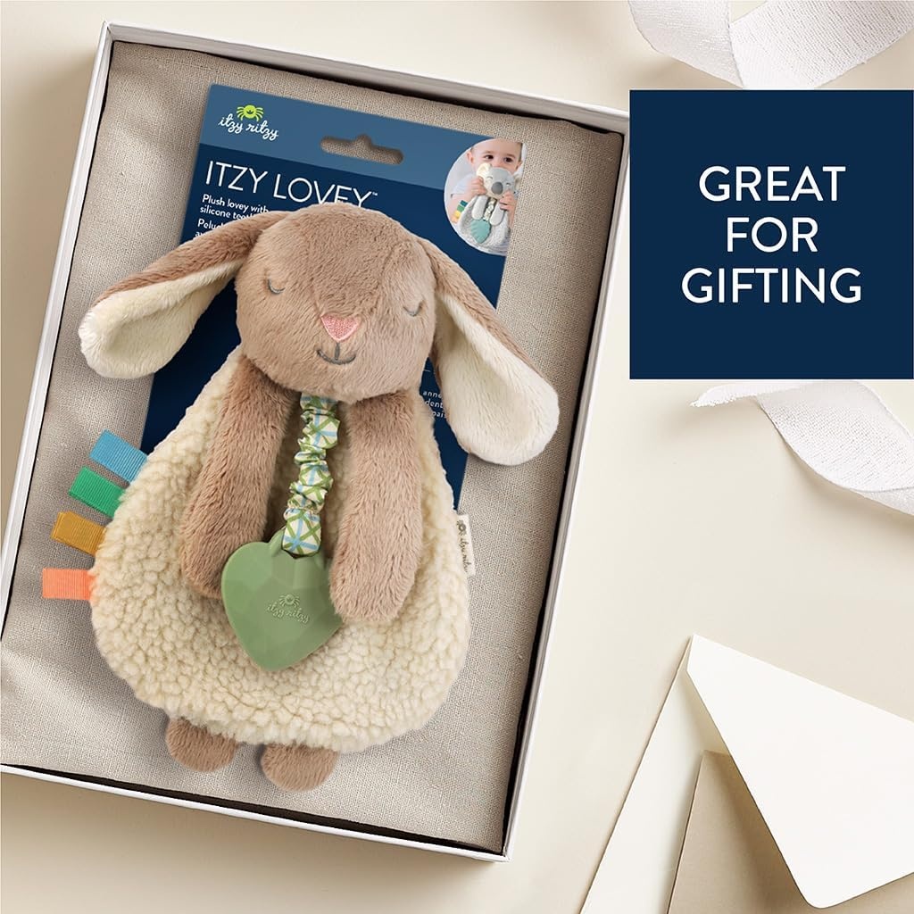 image:imageItzy Ritzy Itzy Lovey Including Teether Baby Lovey with Teether Textured Ribbons amp Dangle Arms Features Crinkle Sound Sherpa Fabric and Minky Plush BearTaupe Bunny