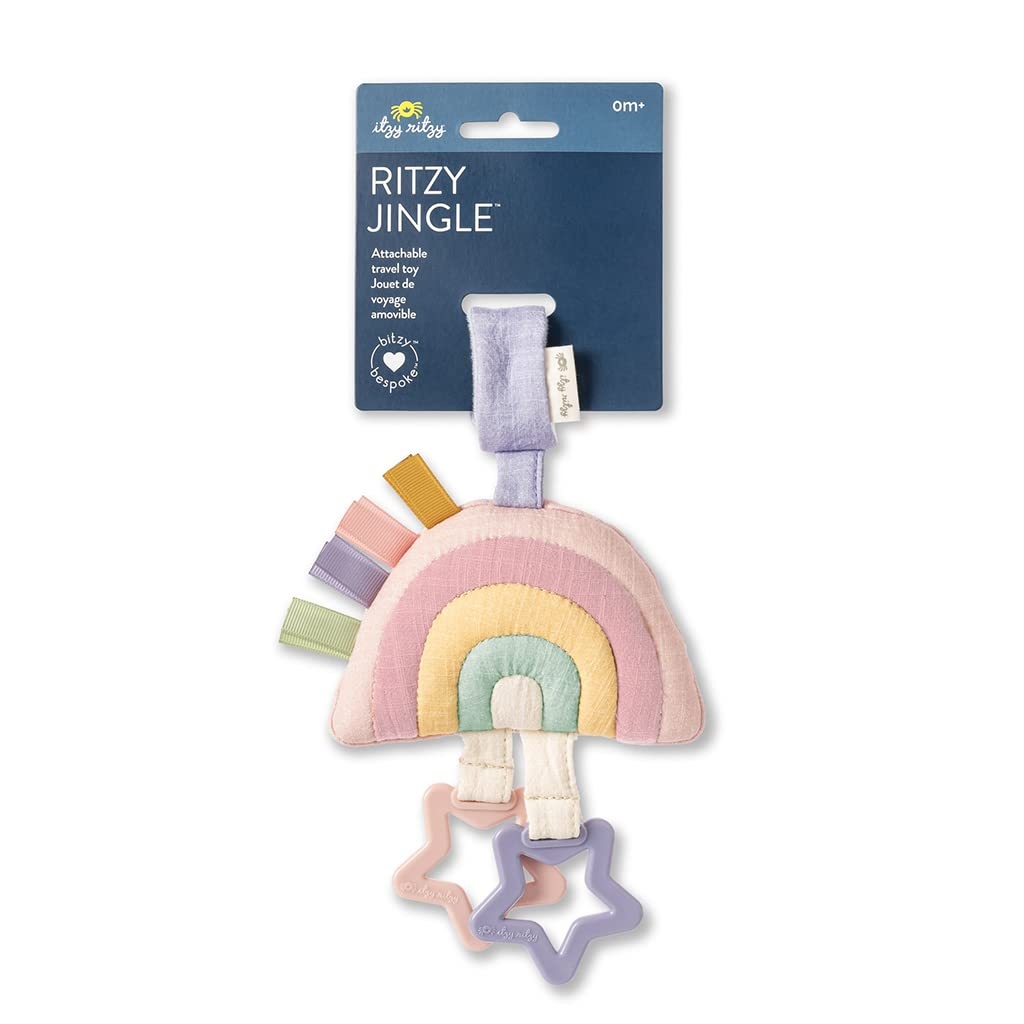image:imageItzy Ritzy Jingle Travel Toy for Stroller Car Seat or Activity Gym Baby Hanging Toy Features Jingle Sound Clinking Rings amp Adjustable Attachment Loop Pastel Rainbow