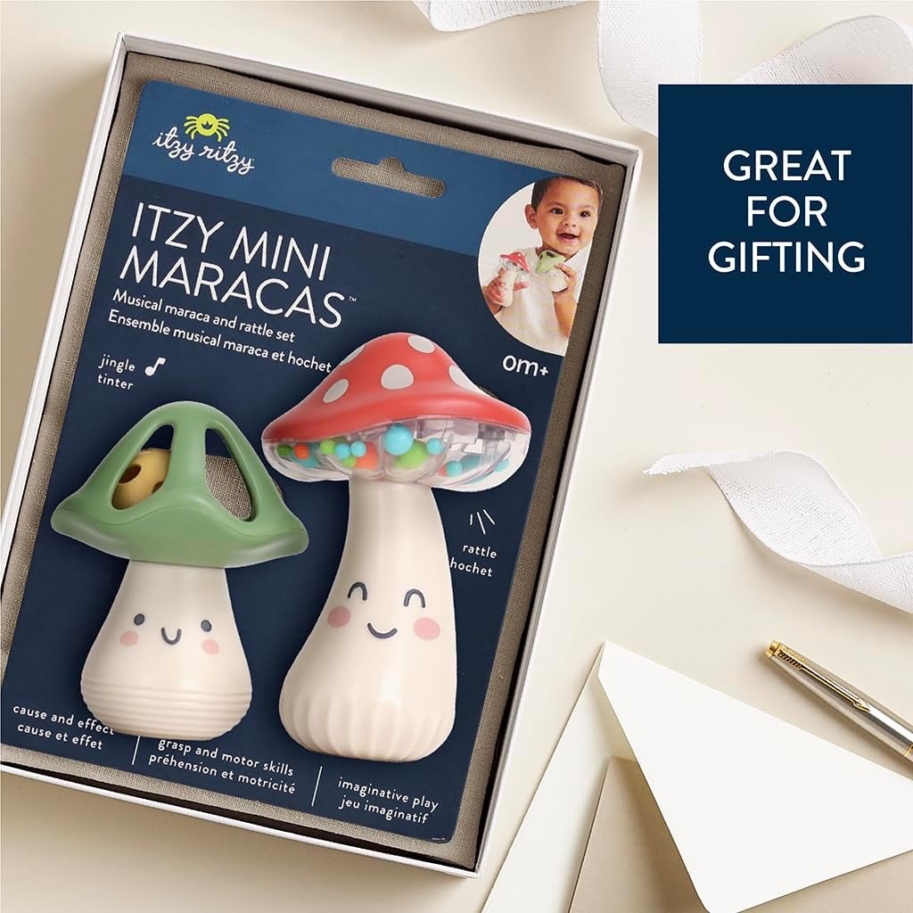 image:imageItzy Ritzy Mini Maracas Musical Rattle Toy Sensory Baby Toy with Rattle Beads amp Jingle Ball for Motor Skills amp Auditory Development for Ages 0 Months and Up Mushroom