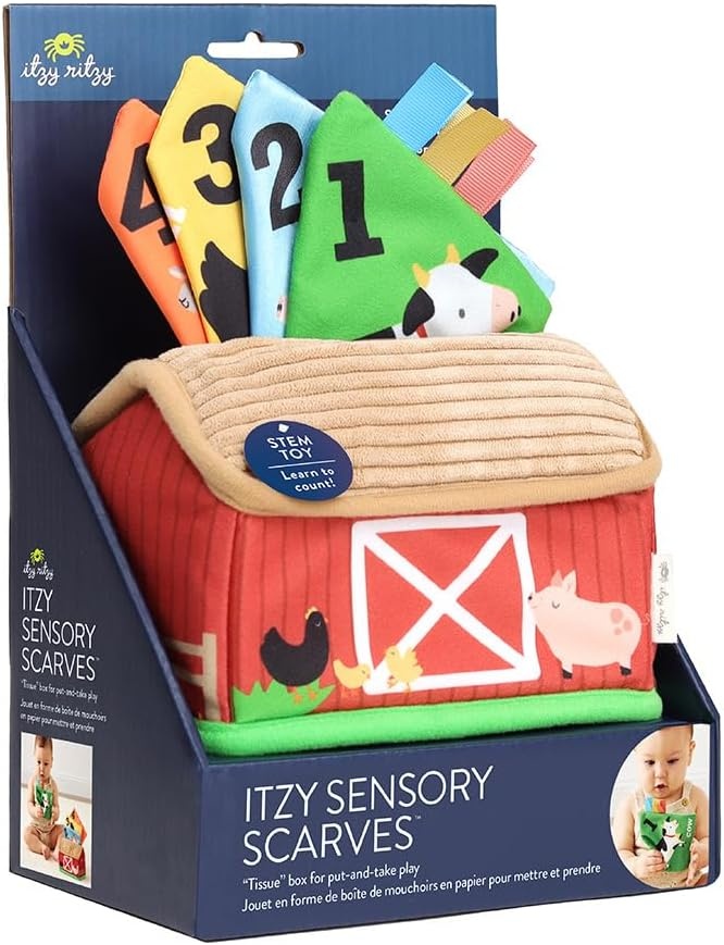 image:imageItzy Ritzy Sensory PutandTake Toy for Babies amp Toddlers Teaches Animals Numbers Colors amp Textures Features Soft Satin Scarves with Crinkle Sounds Farm