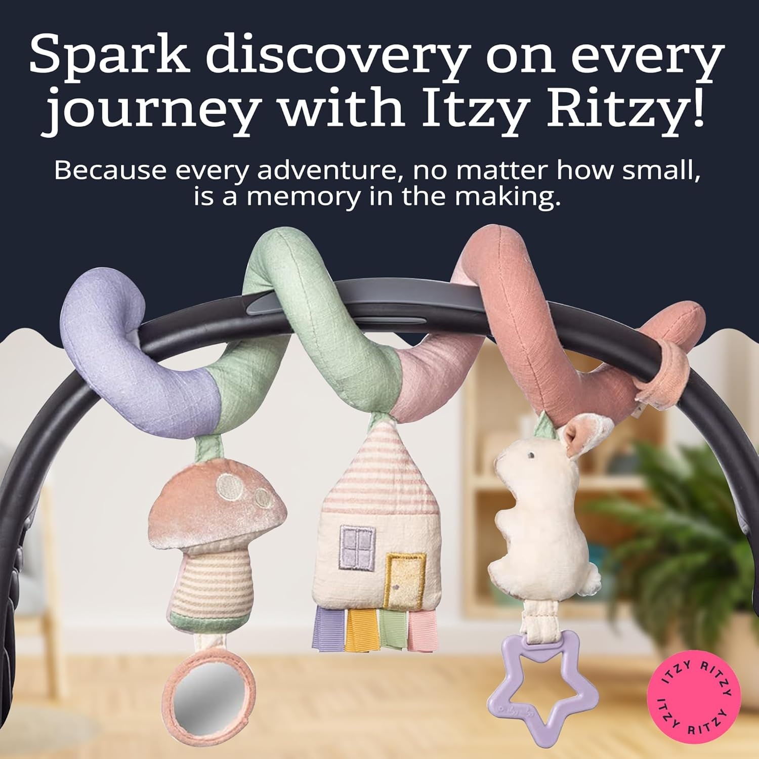 image:imageItzy Ritzy Spiral Car Seat amp Stroller Activity Toy Stroller amp Car Seat Toys for Ages 0 Months and Up Hanging Toys Include Clinking Rings Mirror and Textured Ribbons RainbowPastel Rainbow