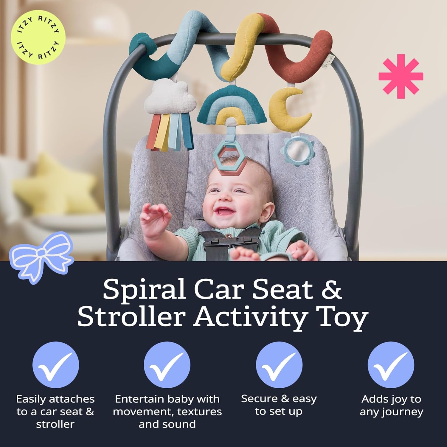 image:imageItzy Ritzy Spiral Car Seat amp Stroller Activity Toy Stroller amp Car Seat Toys for Ages 0 Months and Up Hanging Toys Include Clinking Rings Mirror and Textured Ribbons RainbowRainbow