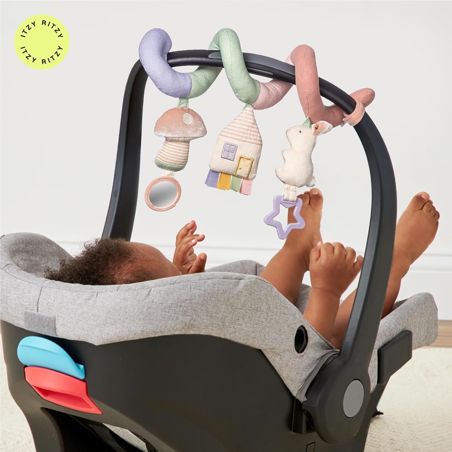 image:imageItzy Ritzy Spiral Car Seat amp Stroller Activity Toy Stroller amp Car Seat Toys for Ages 0 Months and Up Hanging Toys Include Clinking Rings Mirror and Textured Ribbons RainbowPastel Rainbow