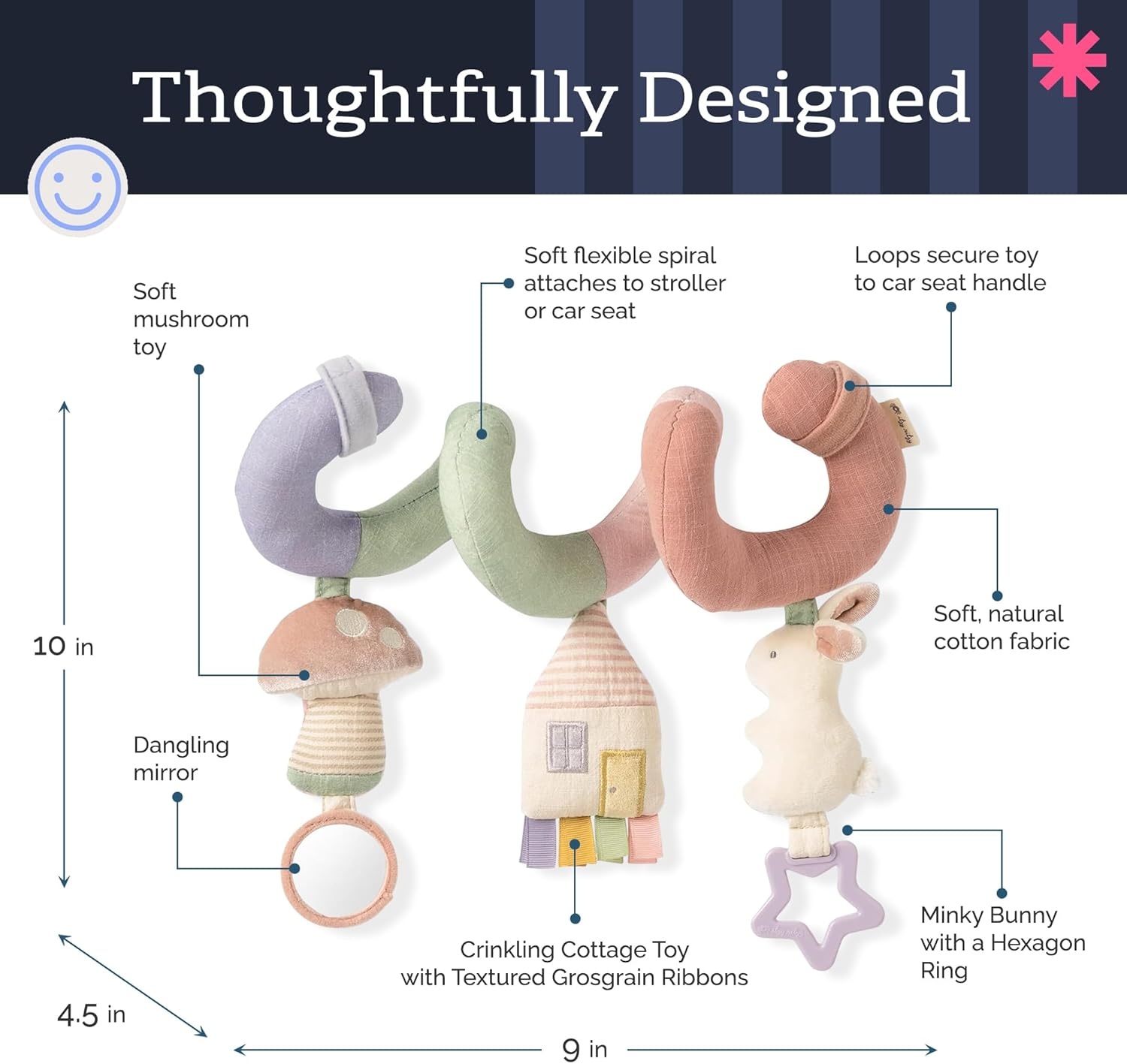 image:imageItzy Ritzy Spiral Car Seat amp Stroller Activity Toy Stroller amp Car Seat Toys for Ages 0 Months and Up Hanging Toys Include Clinking Rings Mirror and Textured Ribbons RainbowPastel Rainbow