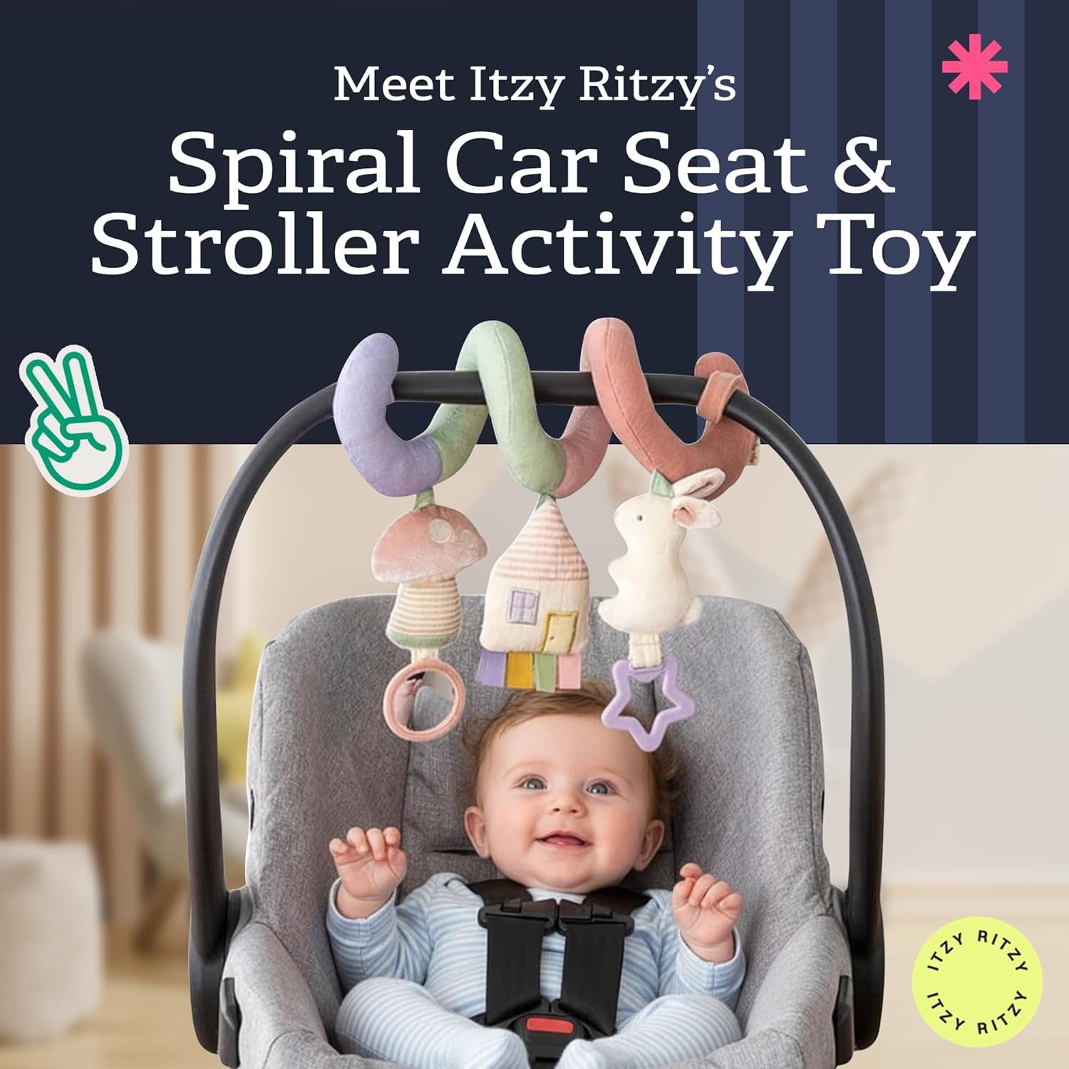 image:imageItzy Ritzy Spiral Car Seat amp Stroller Activity Toy Stroller amp Car Seat Toys for Ages 0 Months and Up Hanging Toys Include Clinking Rings Mirror and Textured Ribbons RainbowPastel Rainbow
