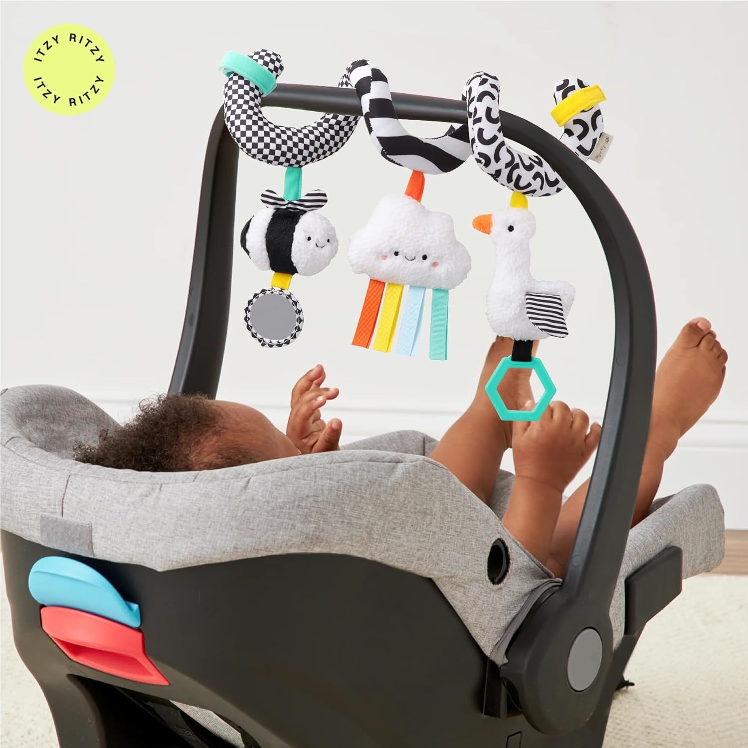 image:imageItzy Ritzy Spiral Car Seat amp Stroller Activity Toy Stroller amp Car Seat Toys for Ages 0 Months and Up Hanging Toys Include Clinking Rings Mirror and Textured Ribbons RainbowHigh Contrast