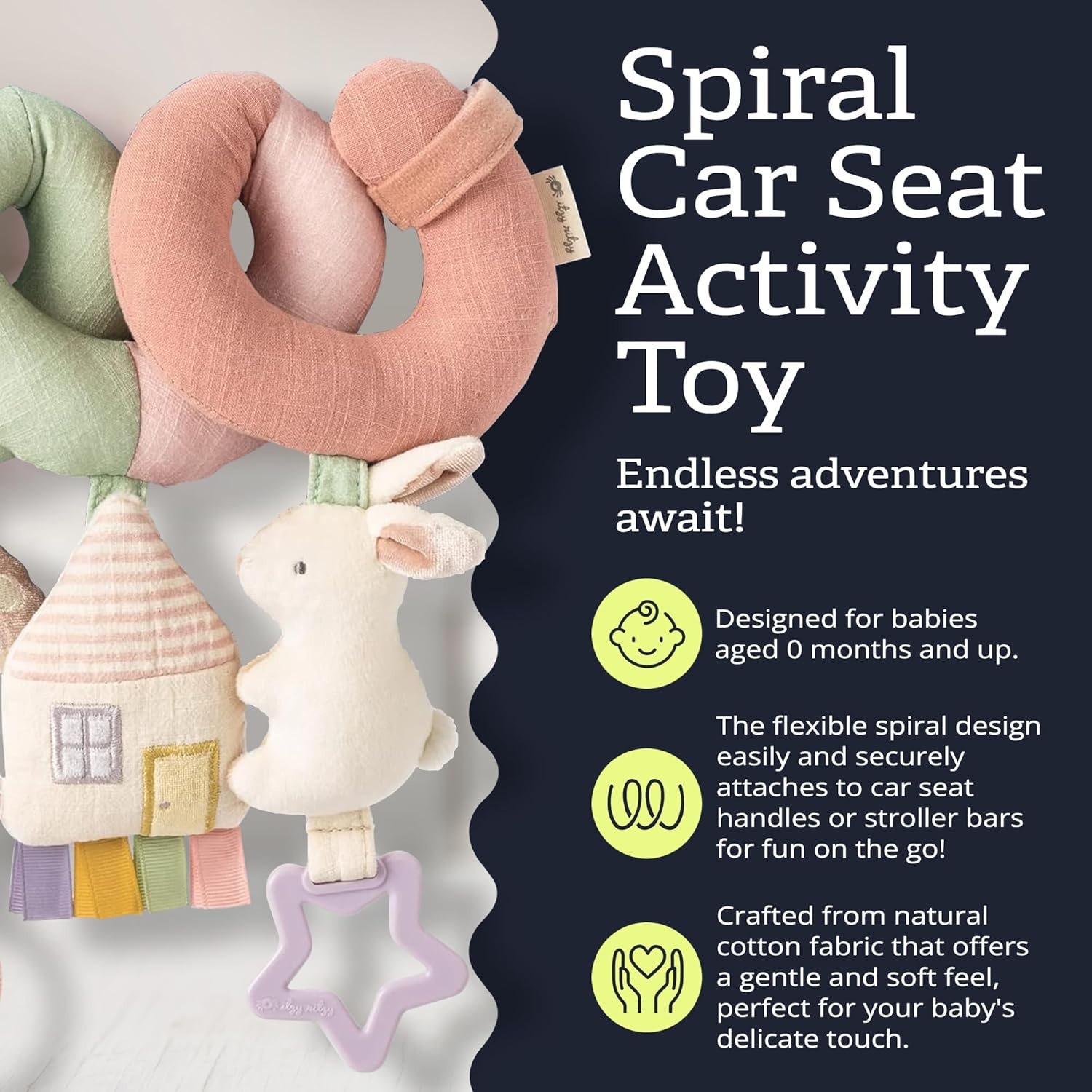 image:imageItzy Ritzy Spiral Car Seat amp Stroller Activity Toy Stroller amp Car Seat Toys for Ages 0 Months and Up Hanging Toys Include Clinking Rings Mirror and Textured Ribbons RainbowPastel Rainbow
