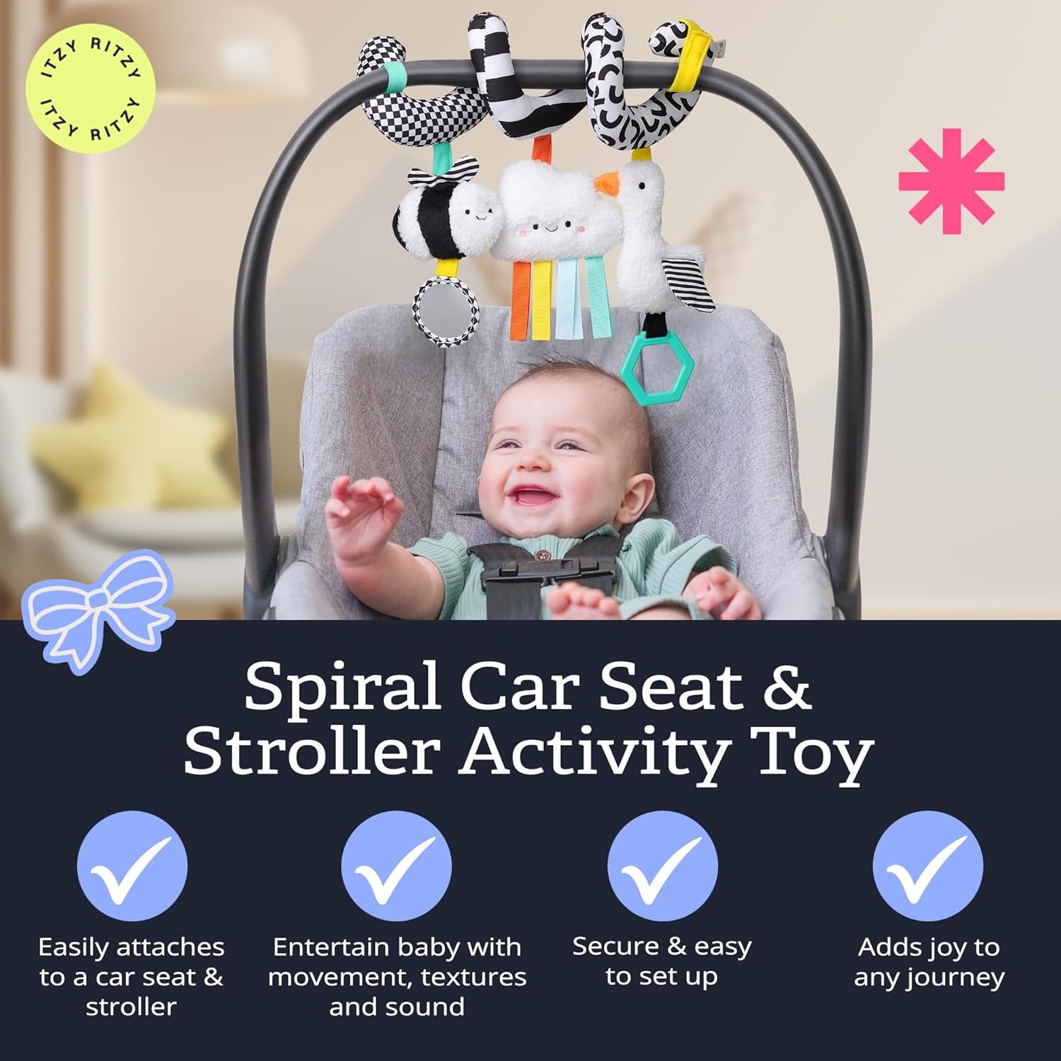 image:imageItzy Ritzy Spiral Car Seat amp Stroller Activity Toy Stroller amp Car Seat Toys for Ages 0 Months and Up Hanging Toys Include Clinking Rings Mirror and Textured Ribbons RainbowHigh Contrast