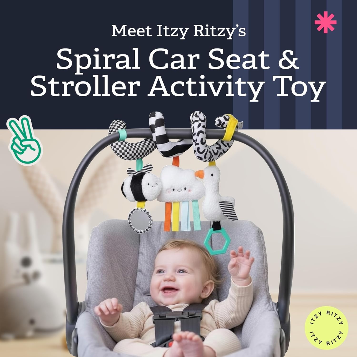 image:imageItzy Ritzy Spiral Car Seat amp Stroller Activity Toy Stroller amp Car Seat Toys for Ages 0 Months and Up Hanging Toys Include Clinking Rings Mirror and Textured Ribbons RainbowHigh Contrast