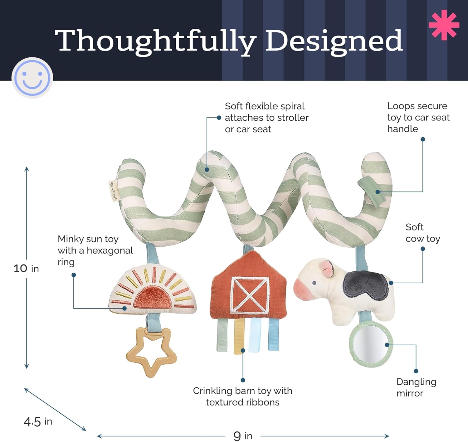 image:imageItzy Ritzy Spiral Car Seat amp Stroller Activity Toy Stroller amp Car Seat Toys for Ages 0 Months and Up Hanging Toys Include Clinking Rings Mirror and Textured Ribbons RainbowFarm