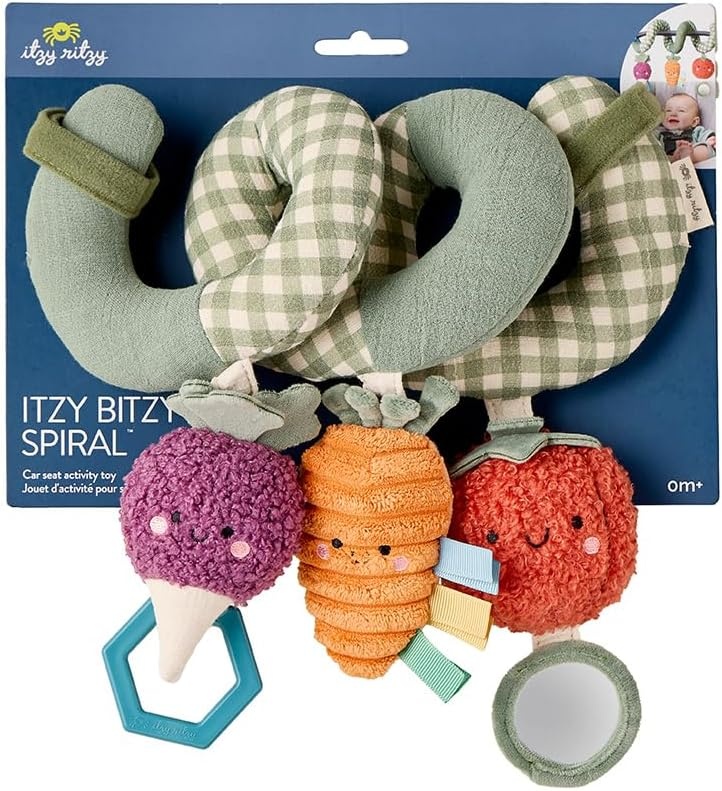 image:imageItzy Ritzy Spiral Car Seat amp Stroller Activity Toy Stroller amp Car Seat Toys for Ages 0 Months and Up Hanging Toys Include Clinking Rings Mirror and Textured Ribbons RainbowVeggie